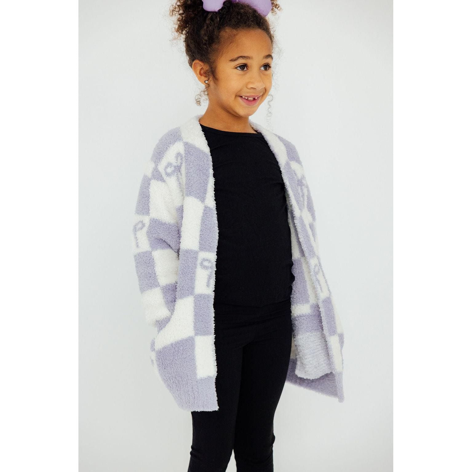 Lavender Checker Bow Cozy Cardigan