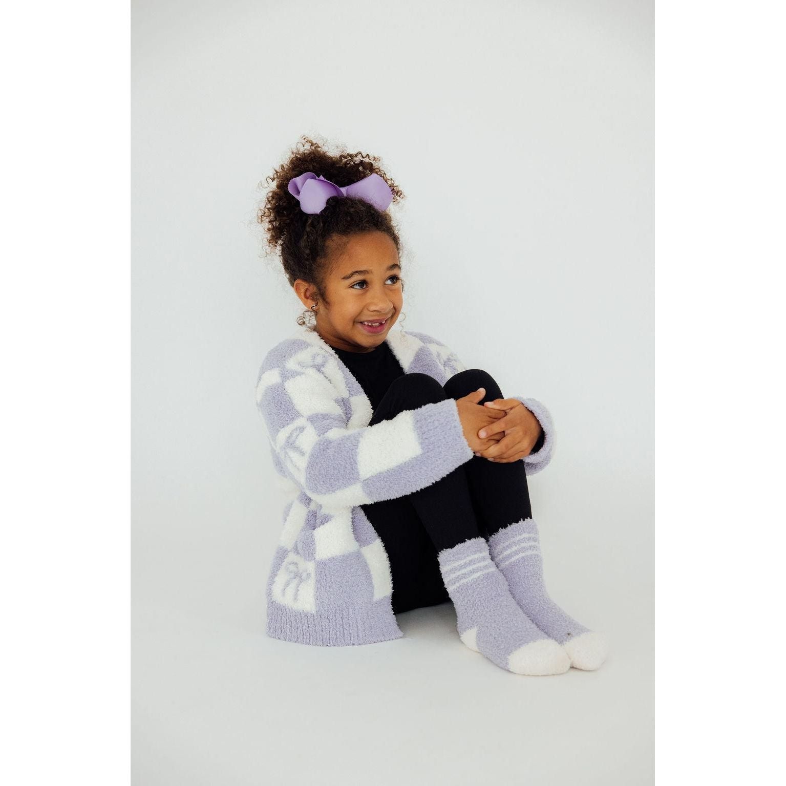 Lavender Checker Bow Cozy Cardigan