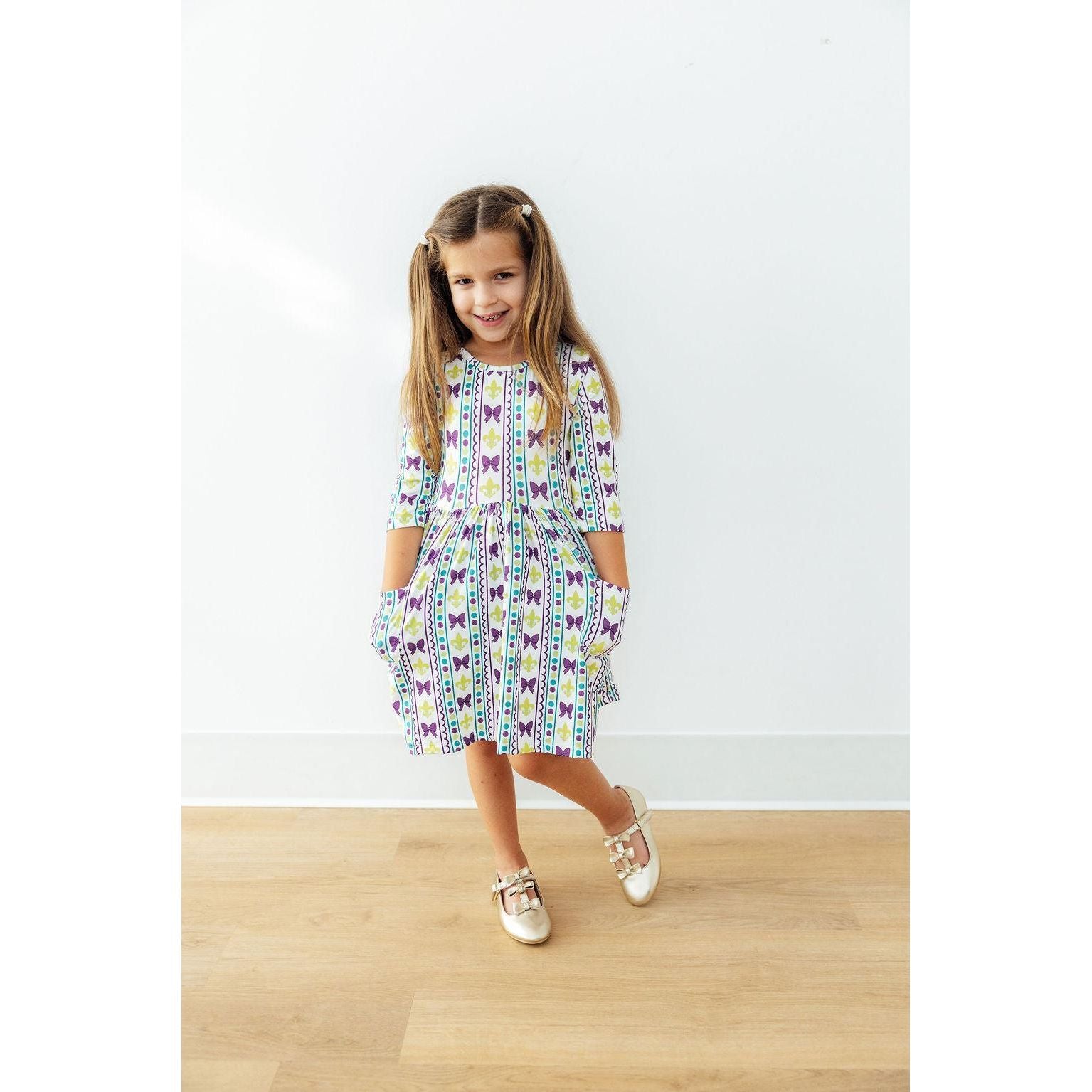 Mardi Gras 3/4 Sleeve Pocket Twirl Dress