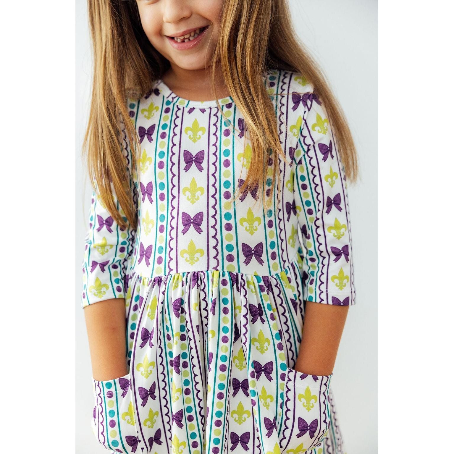 Mardi Gras 3/4 Sleeve Pocket Twirl Dress