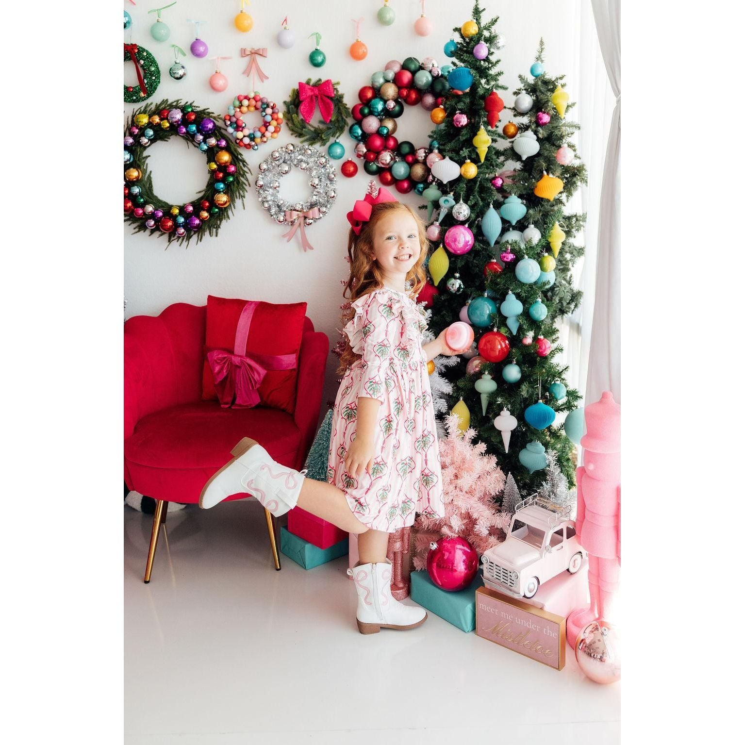 Merry Mistletoe 3/4 Sleeve Ruffle Twirl Dress