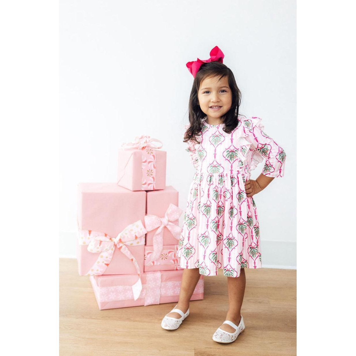 Merry Mistletoe 3/4 Sleeve Ruffle Twirl Dress