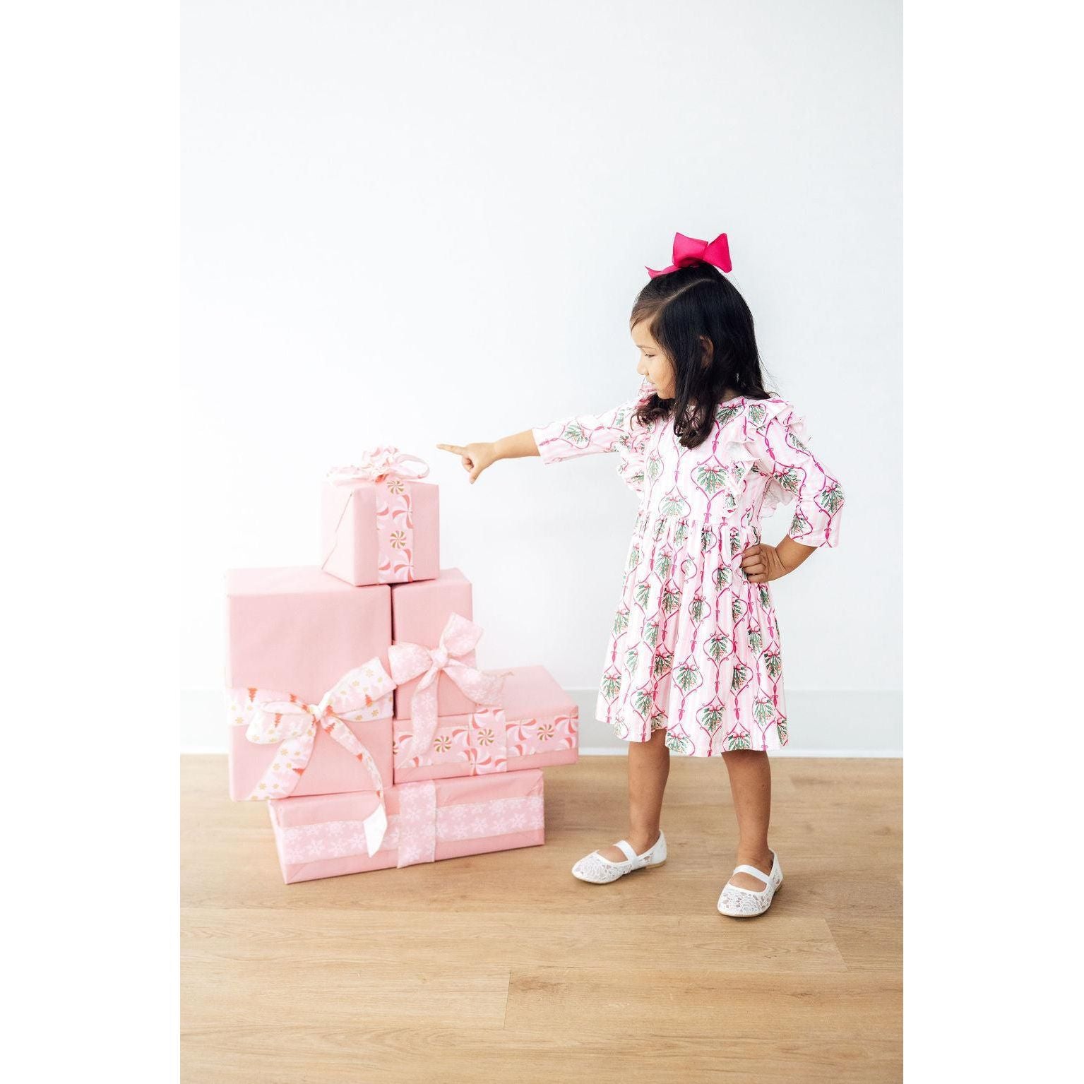 Merry Mistletoe 3/4 Sleeve Ruffle Twirl Dress
