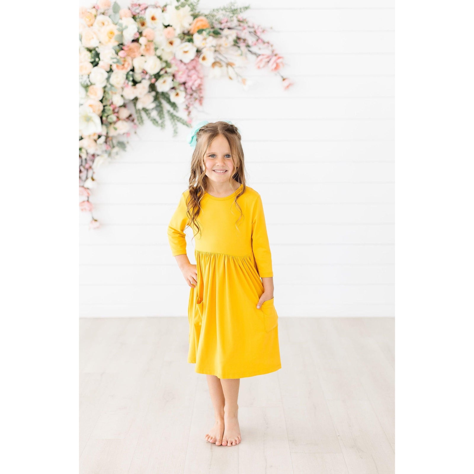 Mustard 3/4 Sleeve Pocket Twirl Dress