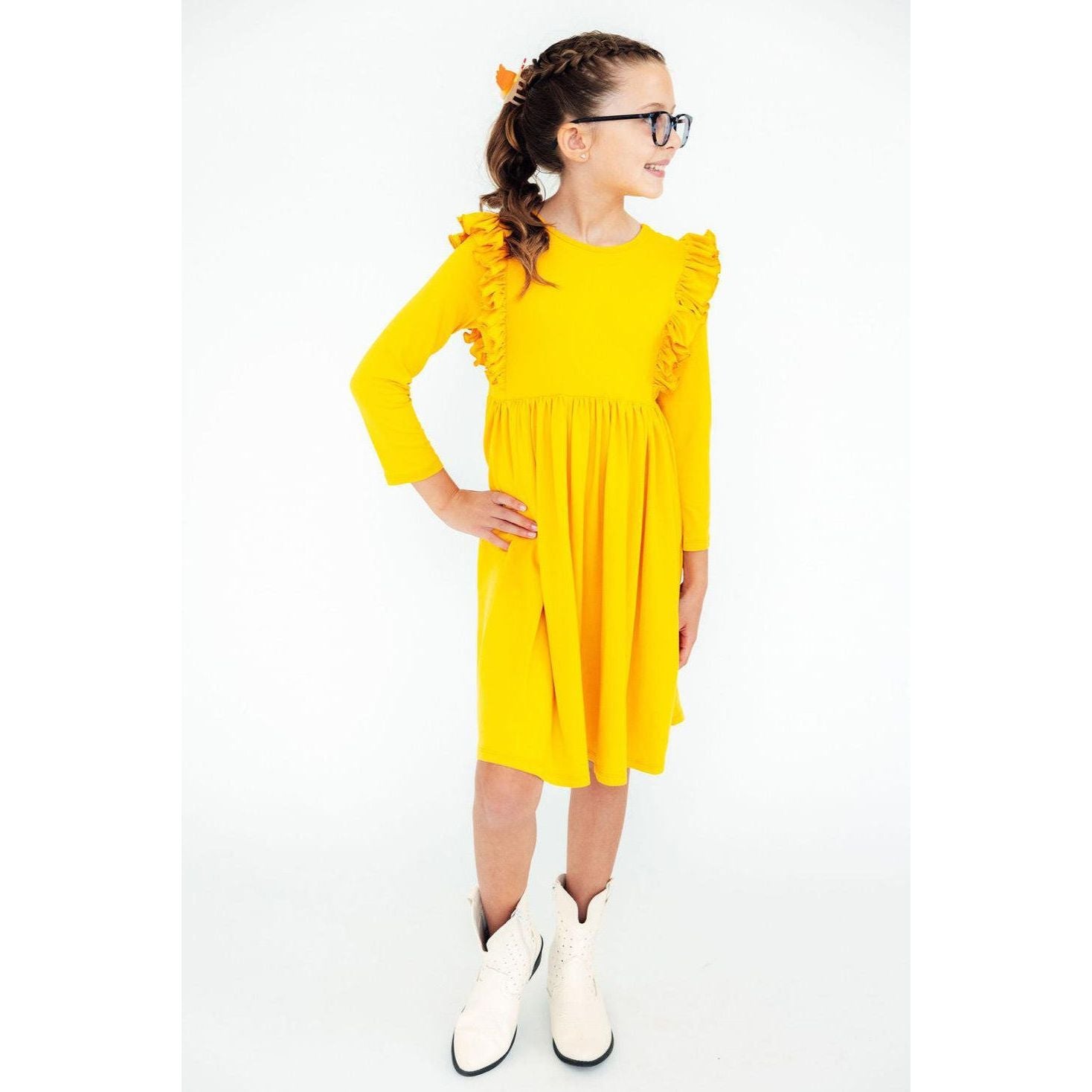 Mustard L/S Ruffle Twirl Dress