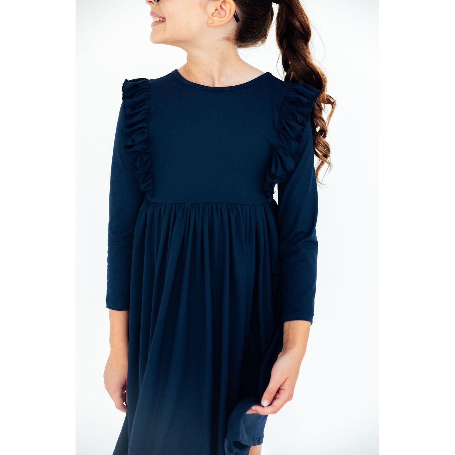 Navy L/S Ruffle Twirl Dress