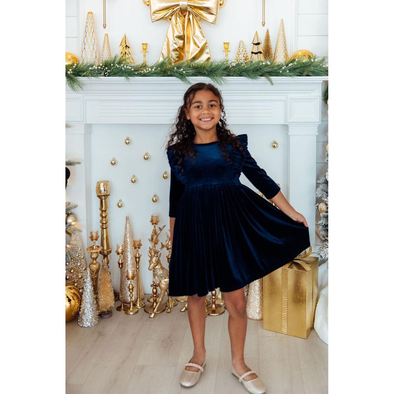 Navy Velvet Ruffle Twirl Dress
