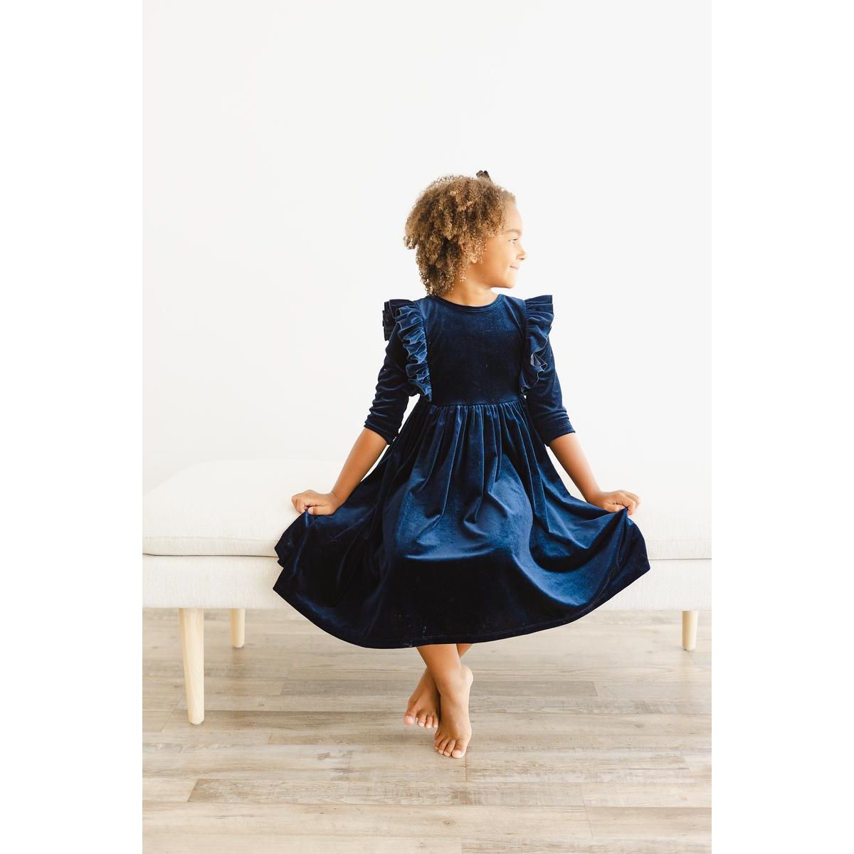 Navy Velvet Ruffle Twirl Dress