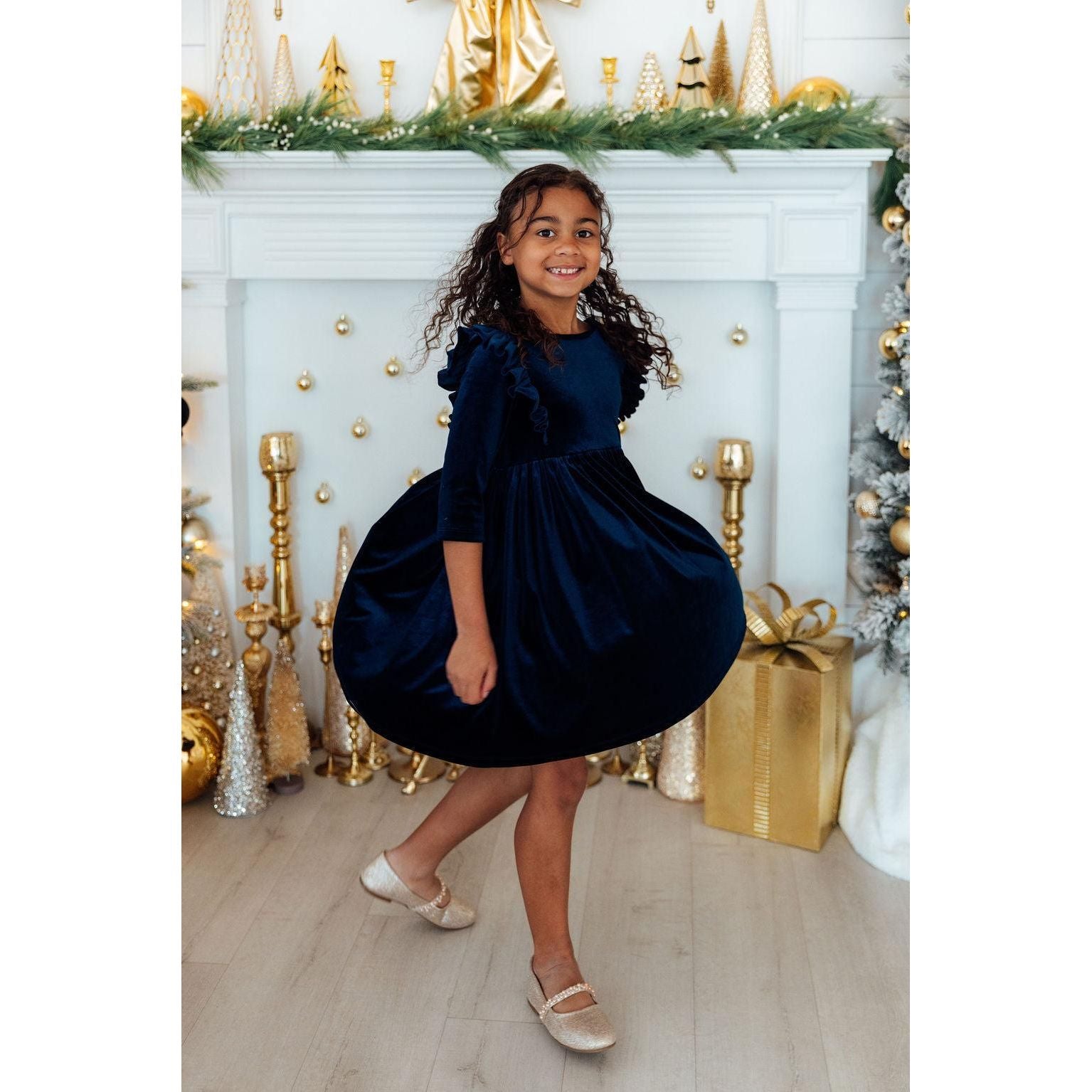 Navy Velvet Ruffle Twirl Dress