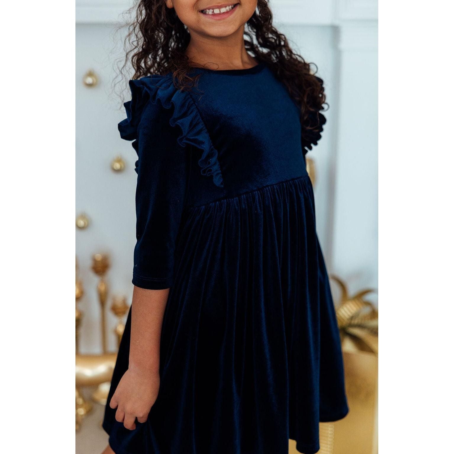 Navy Velvet Ruffle Twirl Dress