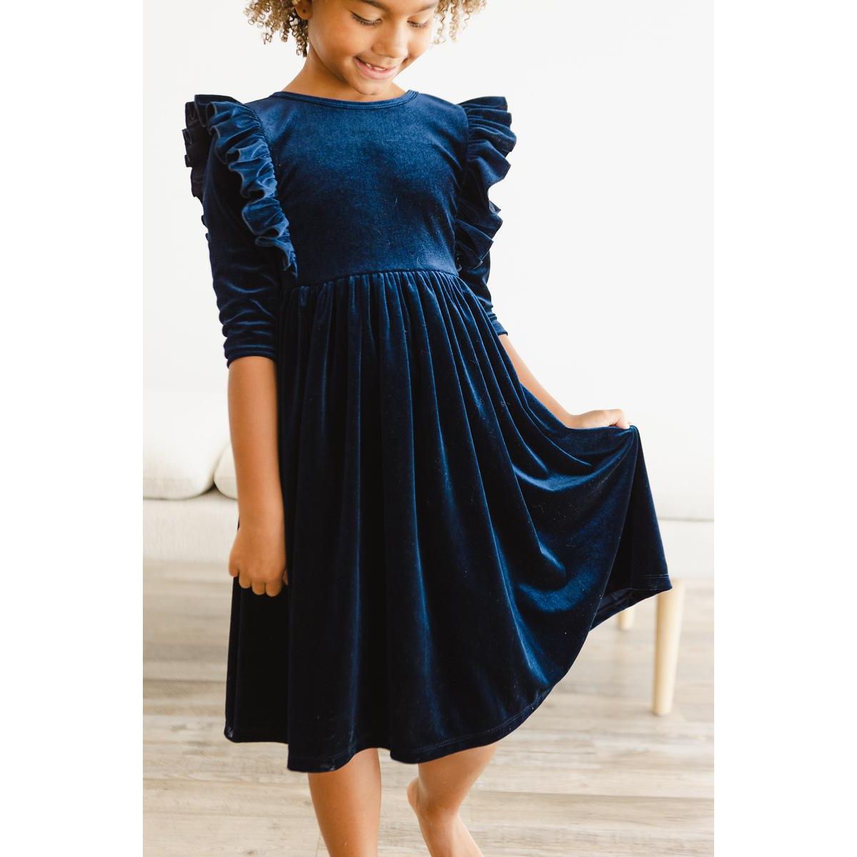 Navy Velvet Ruffle Twirl Dress