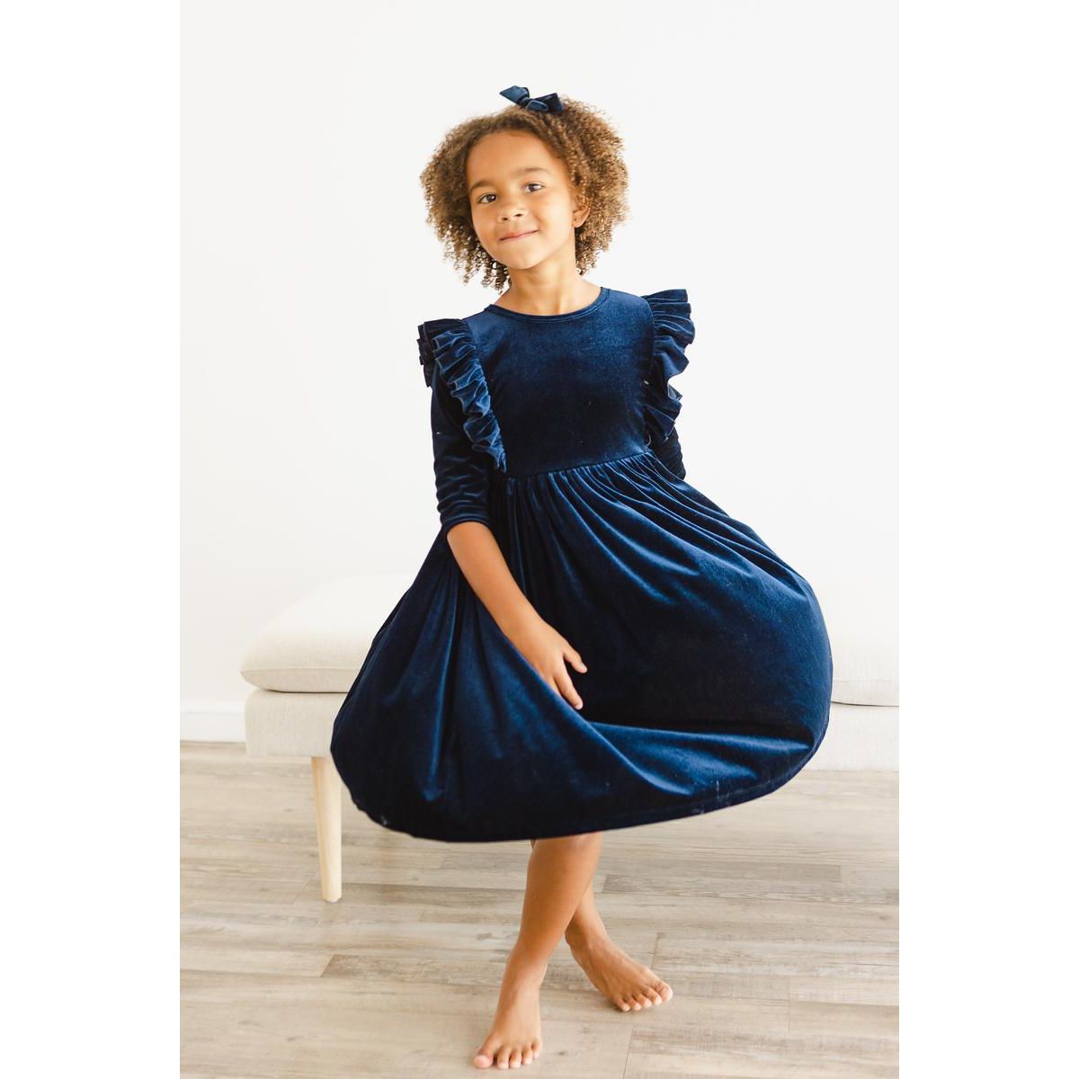 Navy Velvet Ruffle Twirl Dress