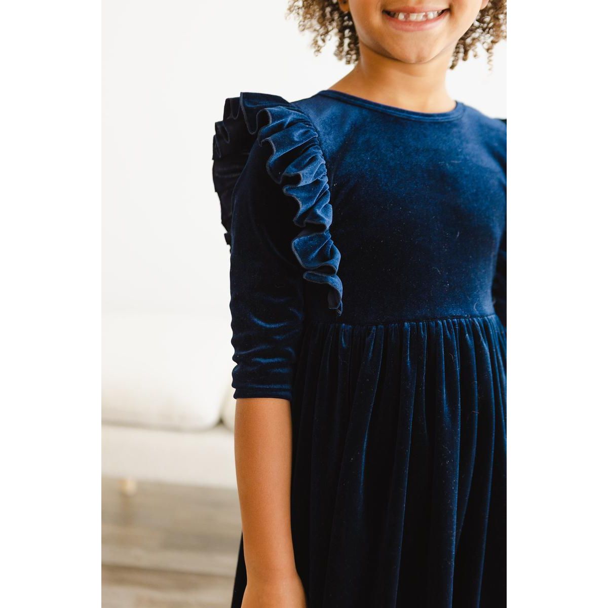 Navy Velvet Ruffle Twirl Dress