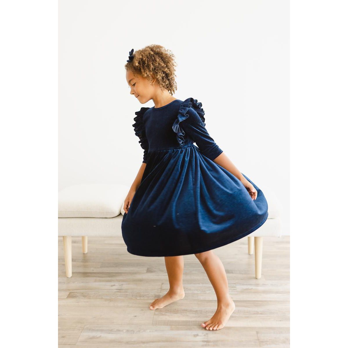 Navy Velvet Ruffle Twirl Dress