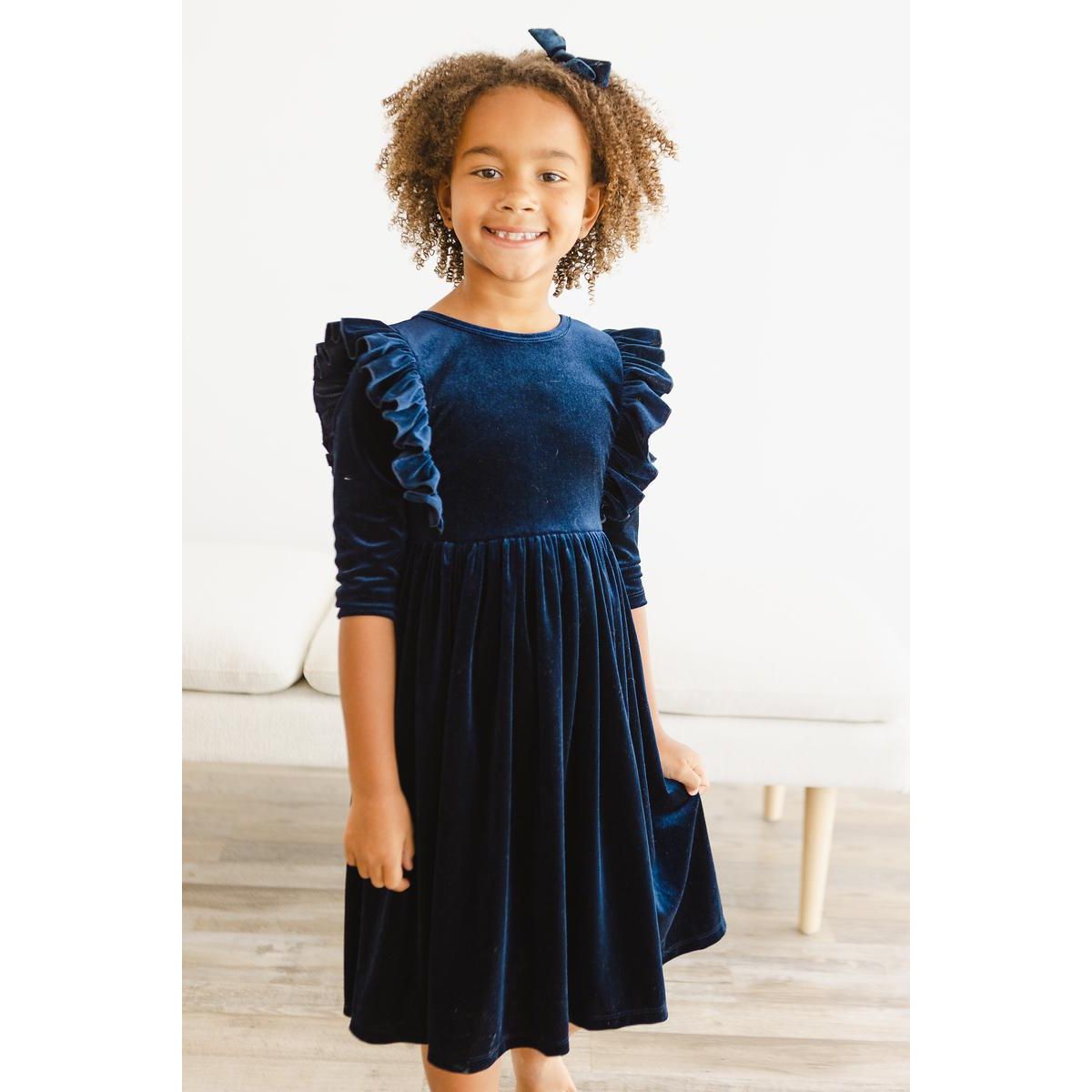 Navy Velvet Ruffle Twirl Dress
