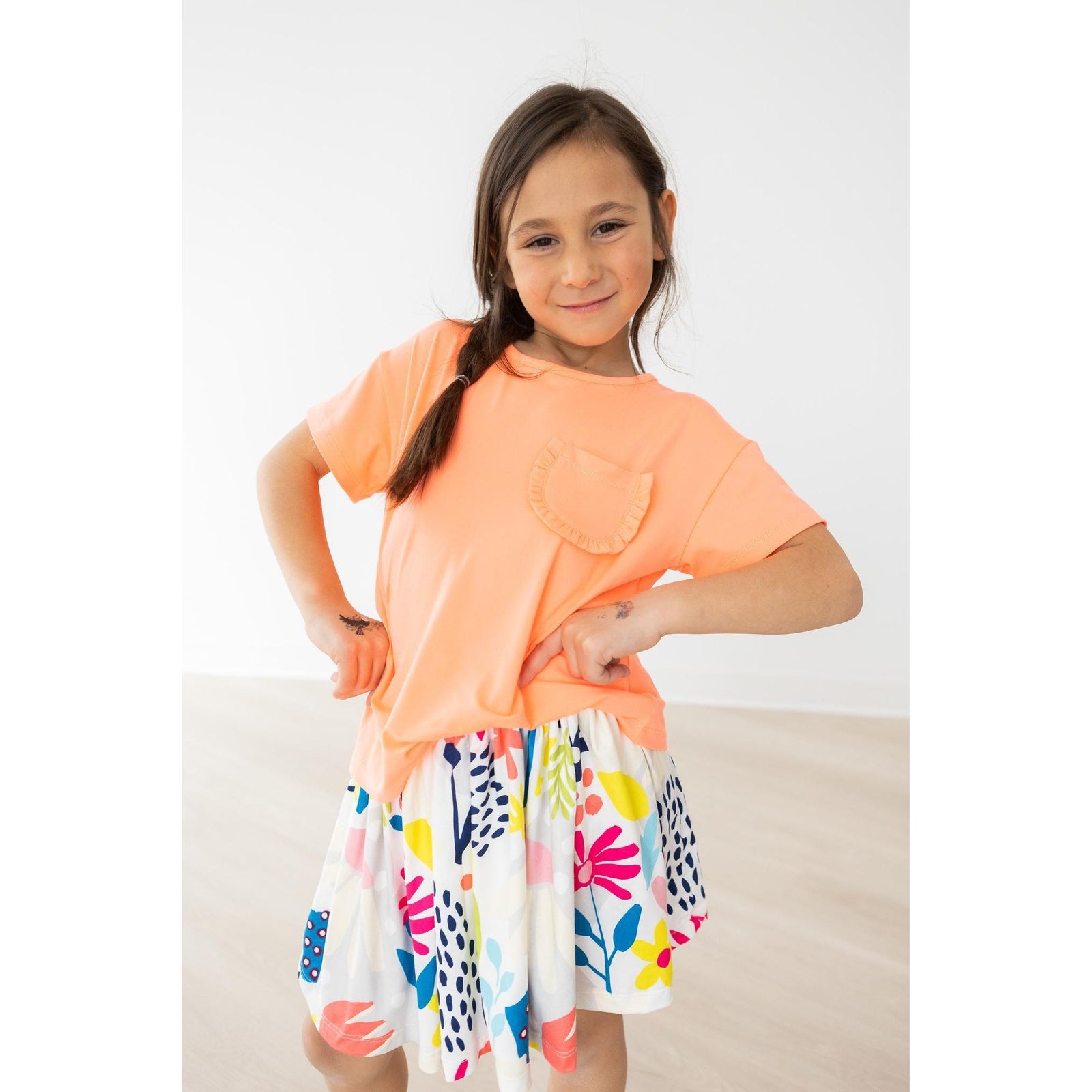 Neon Coral Ruffle Pocket Tee