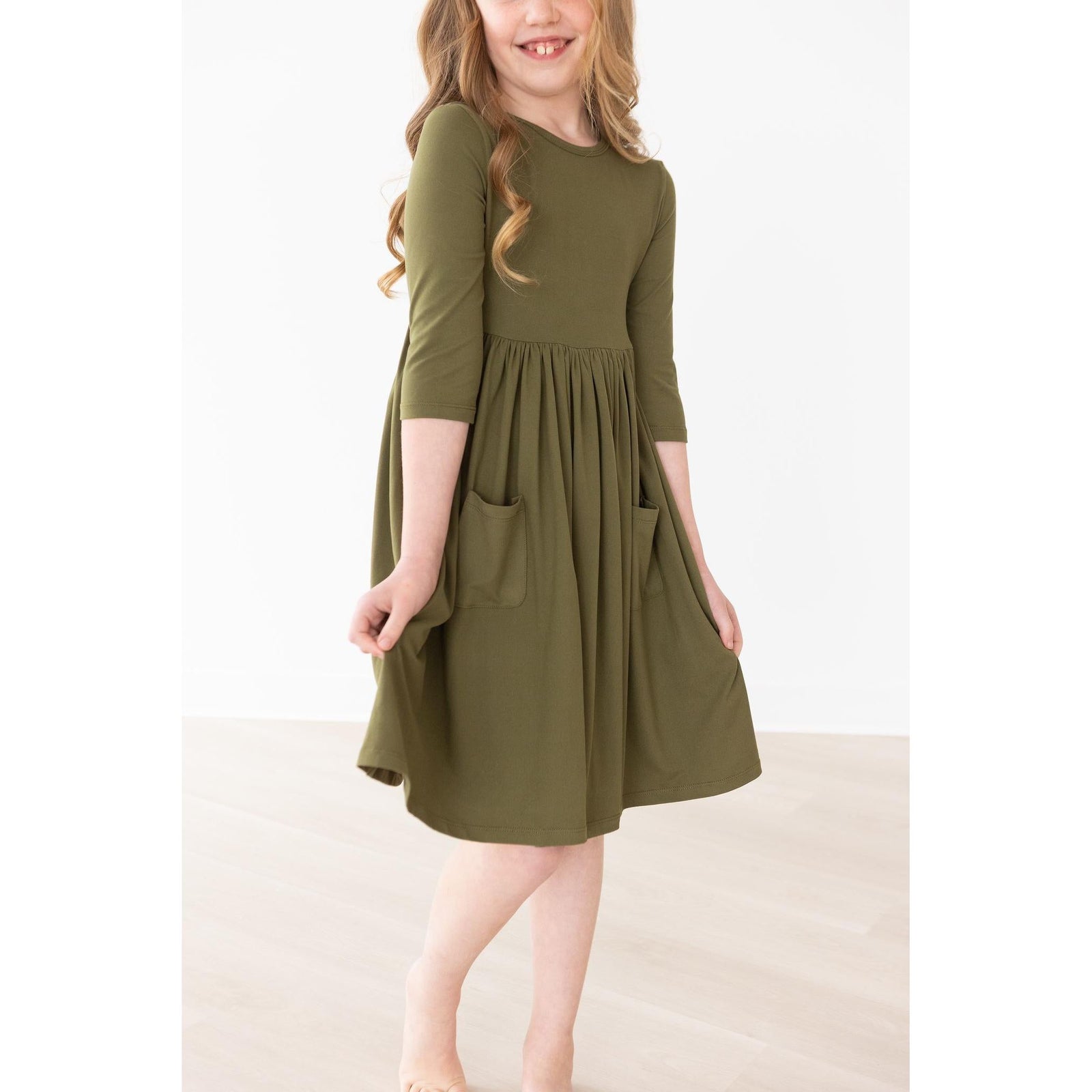 Olive 3/4 Sleeve Pocket Twirl Dress