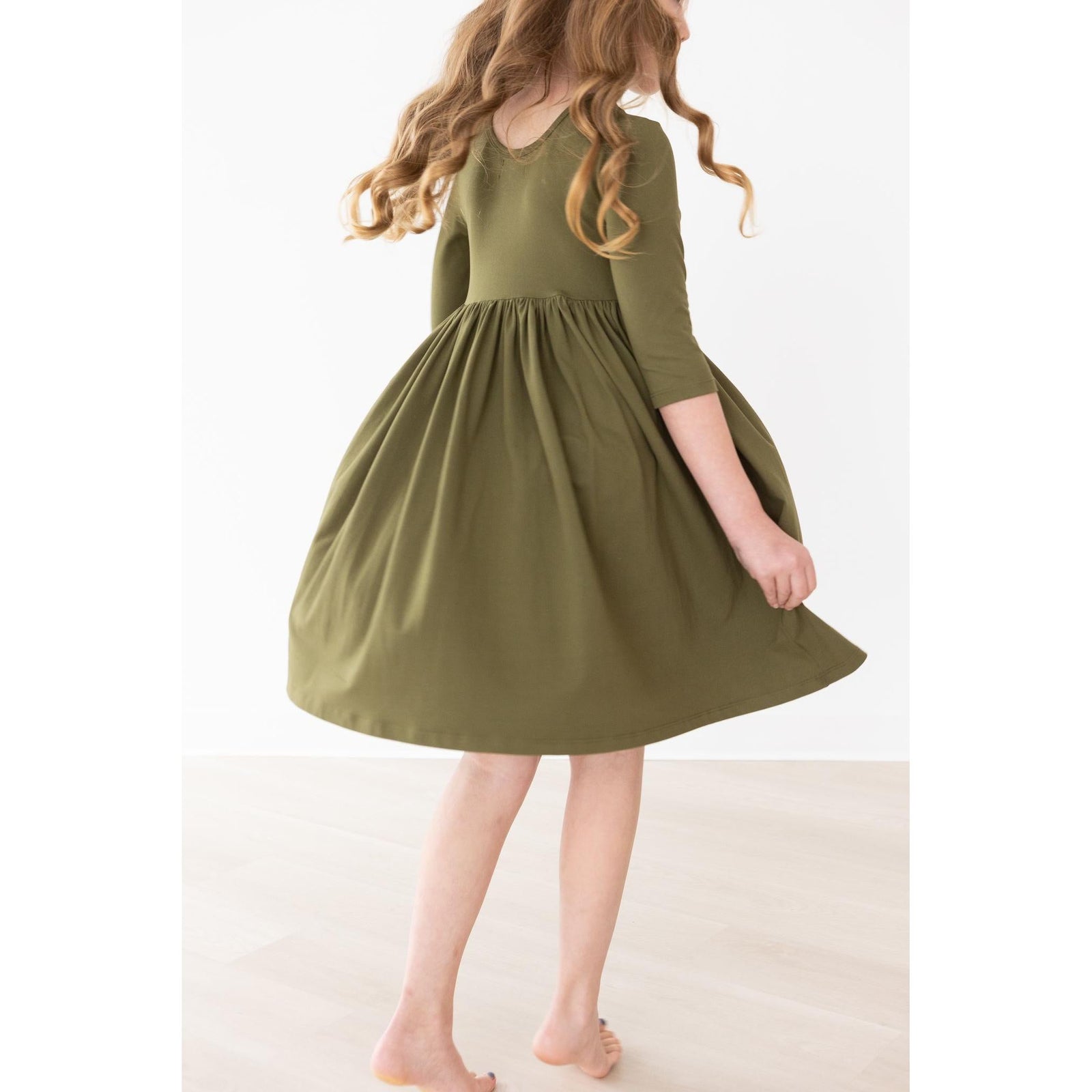 Olive 3/4 Sleeve Pocket Twirl Dress