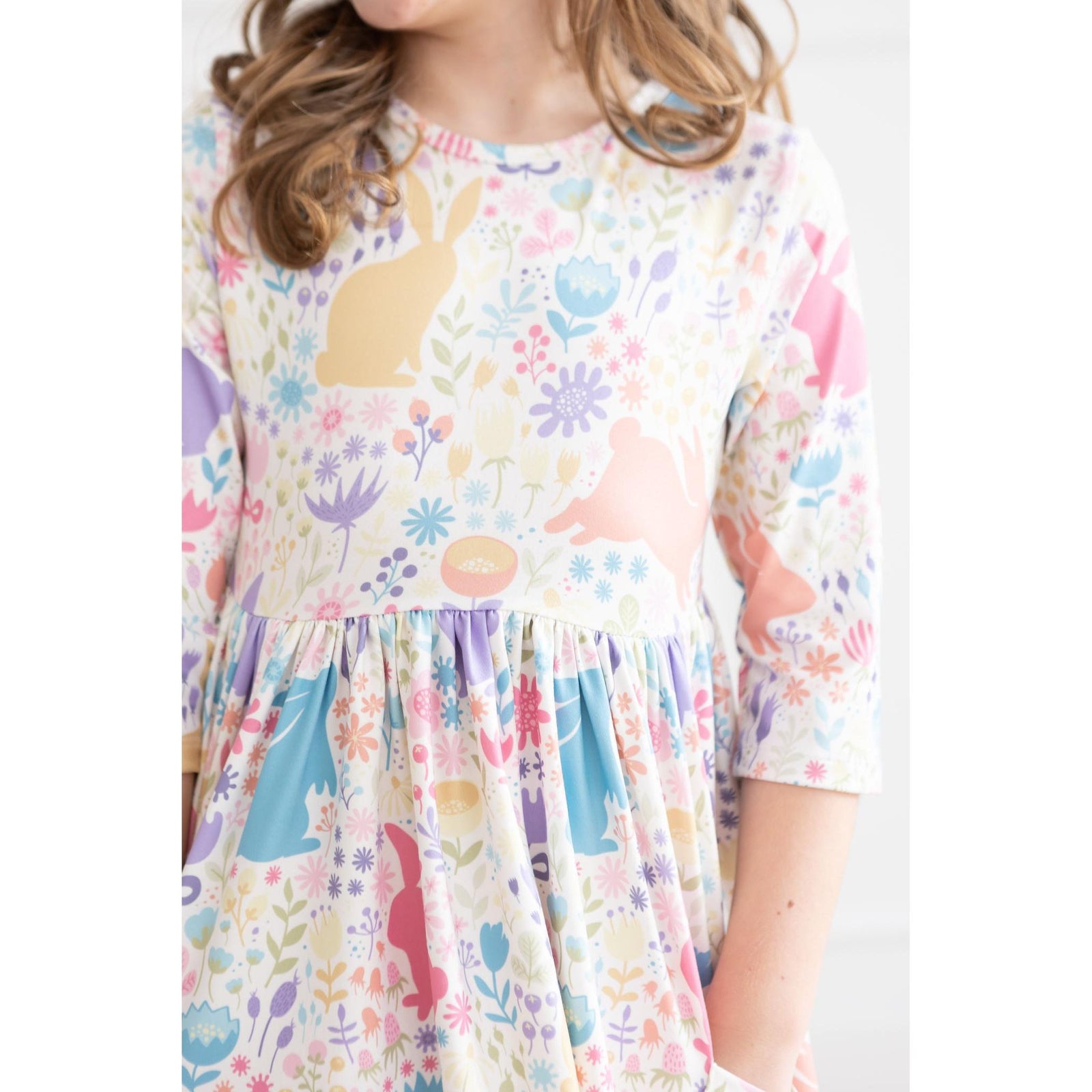 Pastel Floral Bunnies 3/4 Sleeve Pocket Twirl Dress