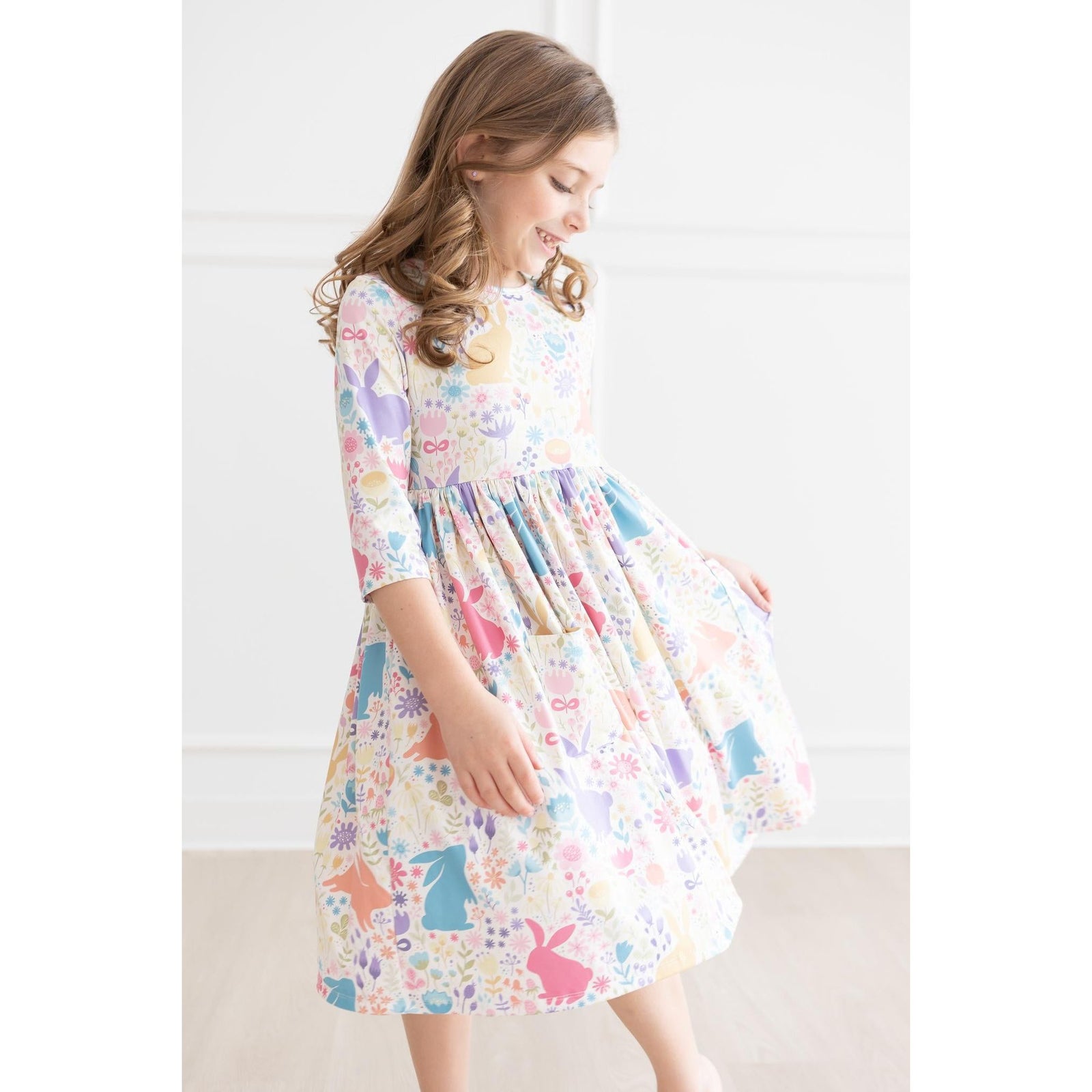 Pastel Floral Bunnies 3/4 Sleeve Pocket Twirl Dress