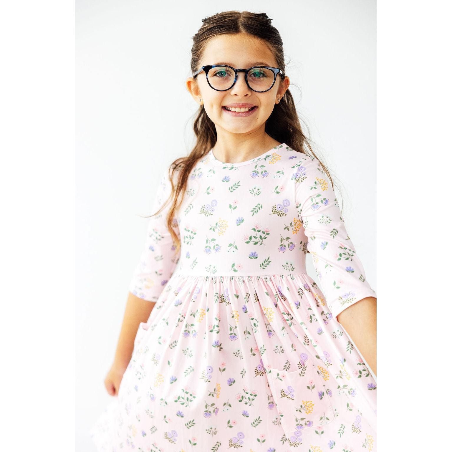 Pastel Petals 3/4 Sleeve Pocket Twirl Dress
