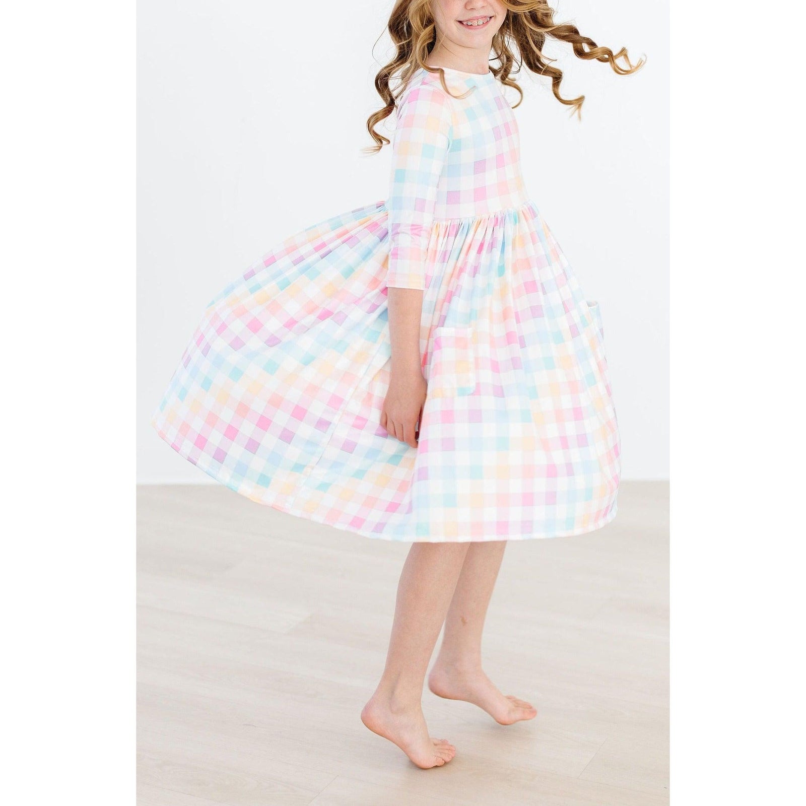 Pastel Plaid 3/4 Sleeve Pocket Twirl Dress