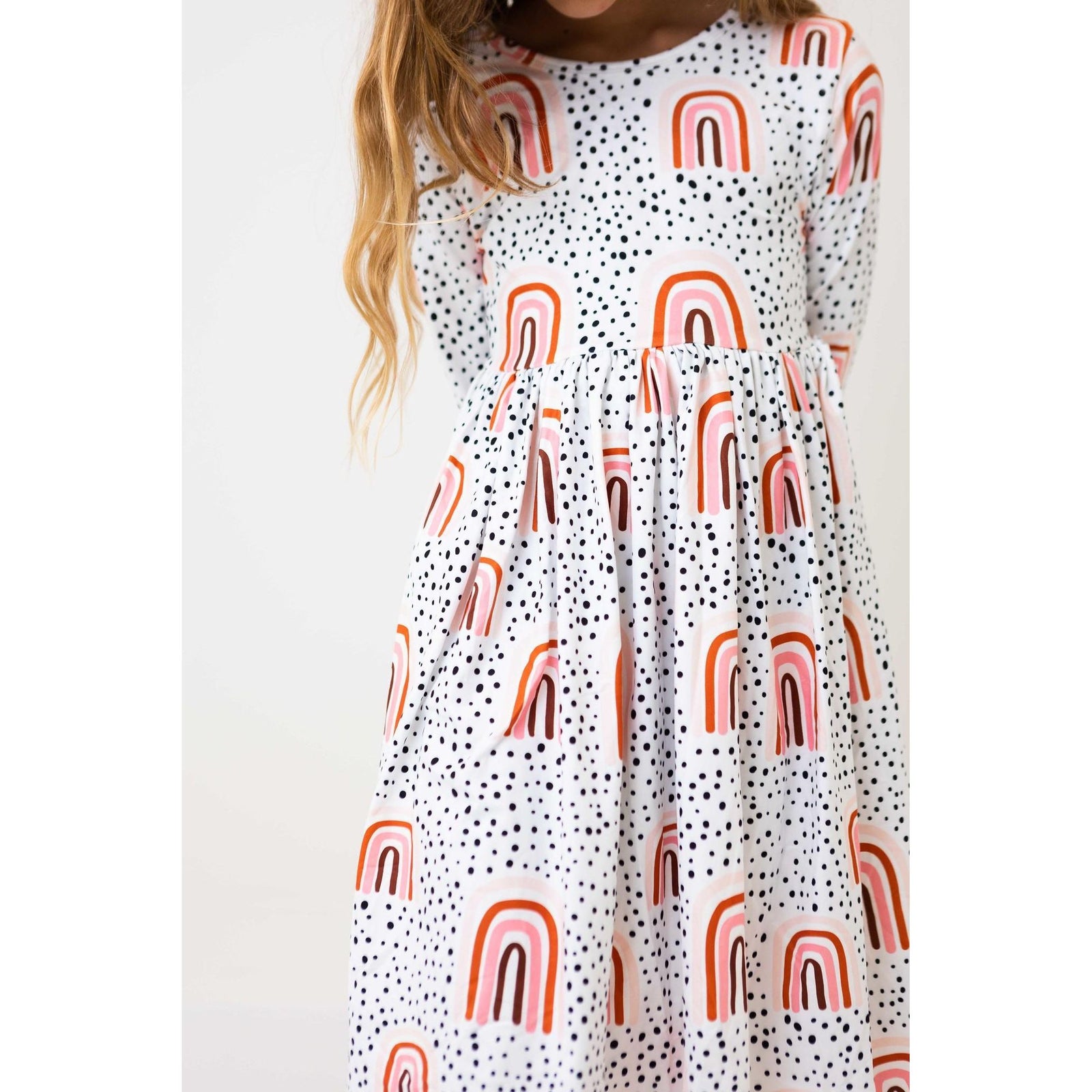 Peach Rainbow 3/4 Sleeve Pocket Twirl Dress