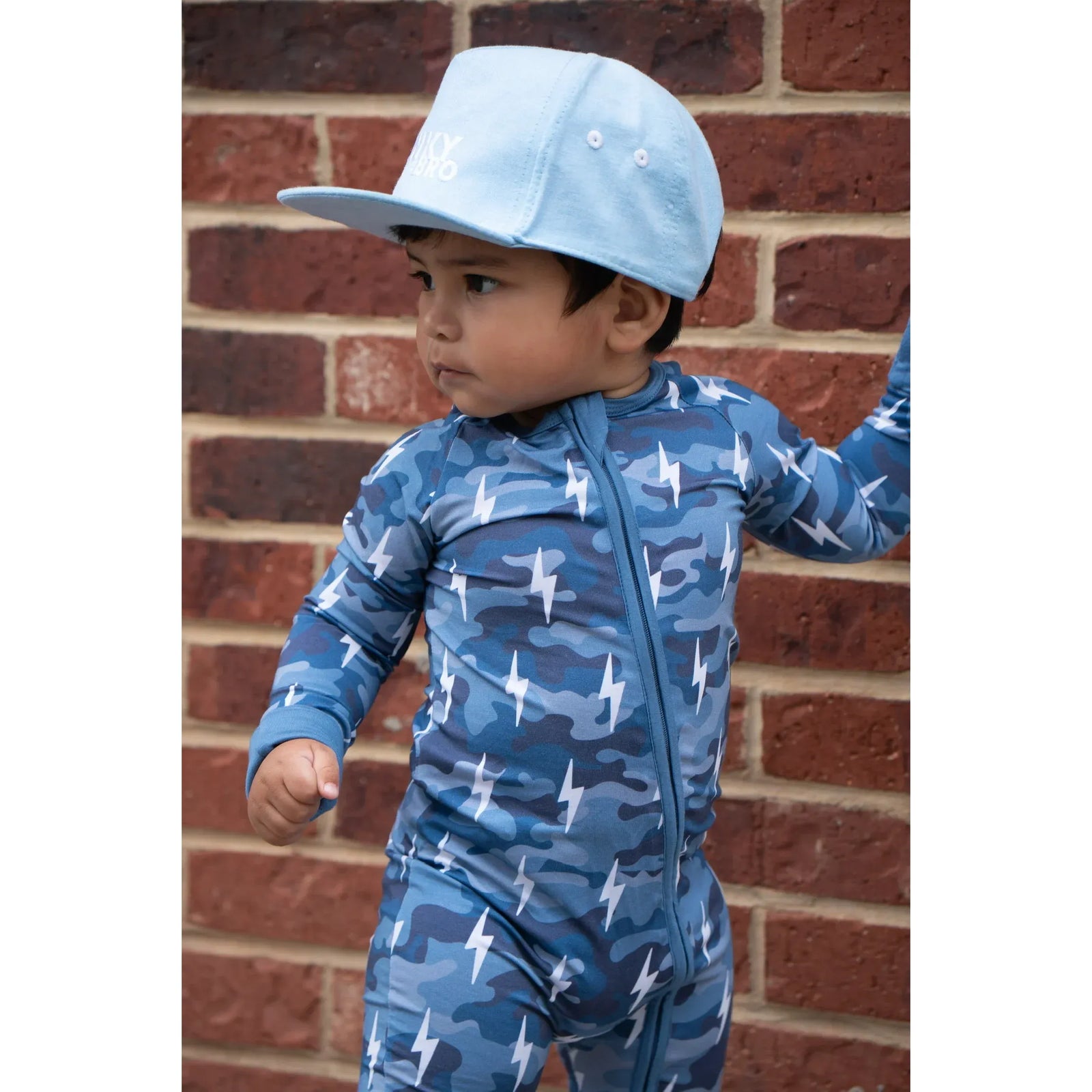 Bamboo Zip Romper | Blue Camo Bolts