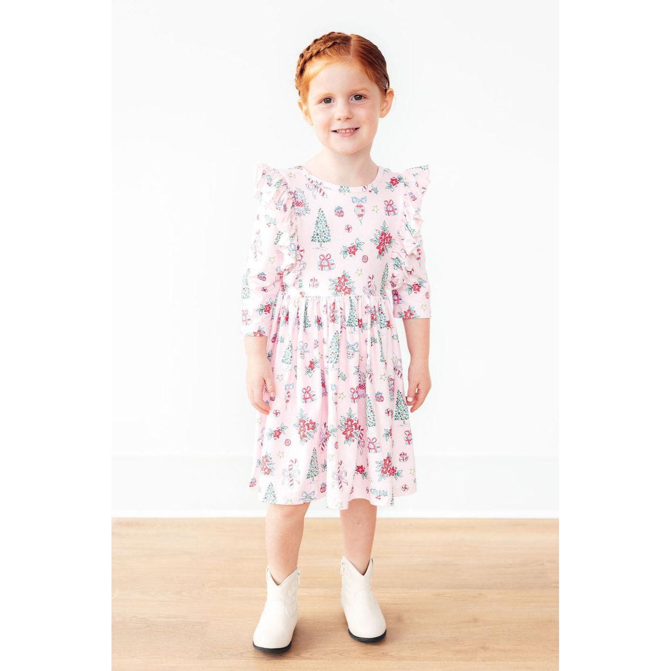 Pink Christmas 3/4 Sleeve Ruffle Twirl Dress