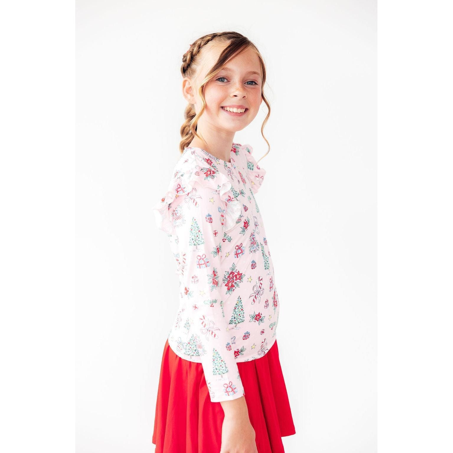 Pink Christmas L/S Ruffle Tee