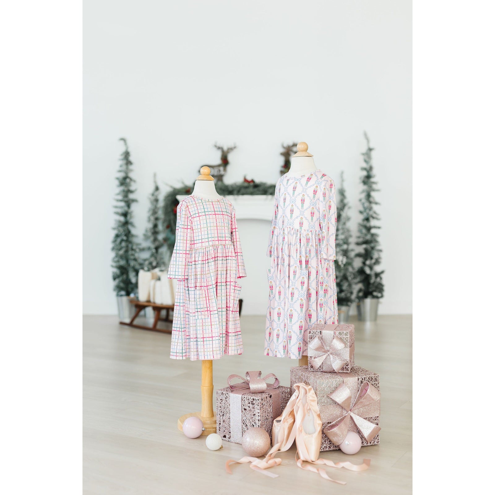 Pink Plaid 3/4 Sleeve Pocket Twirl Dress