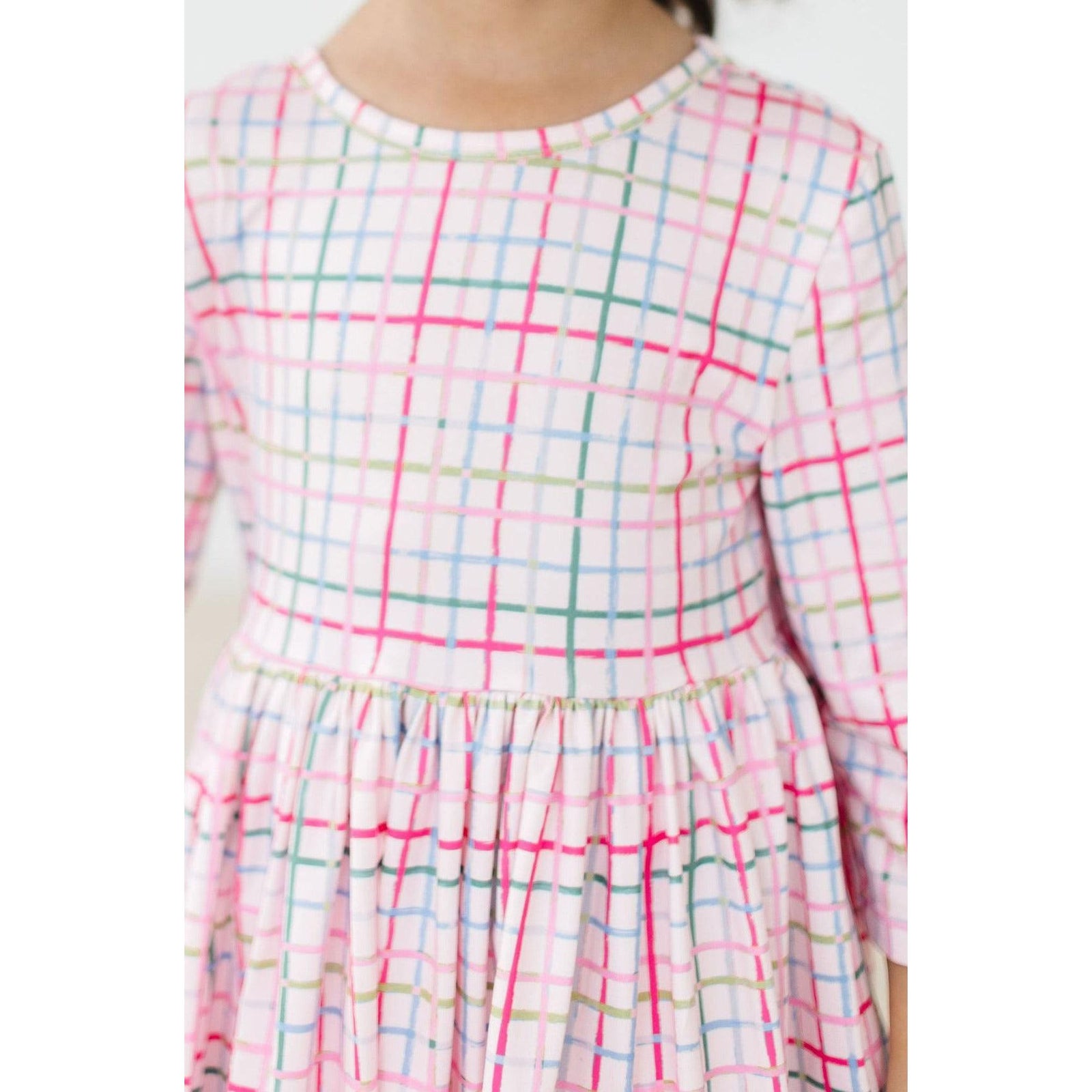 Pink Plaid 3/4 Sleeve Pocket Twirl Dress