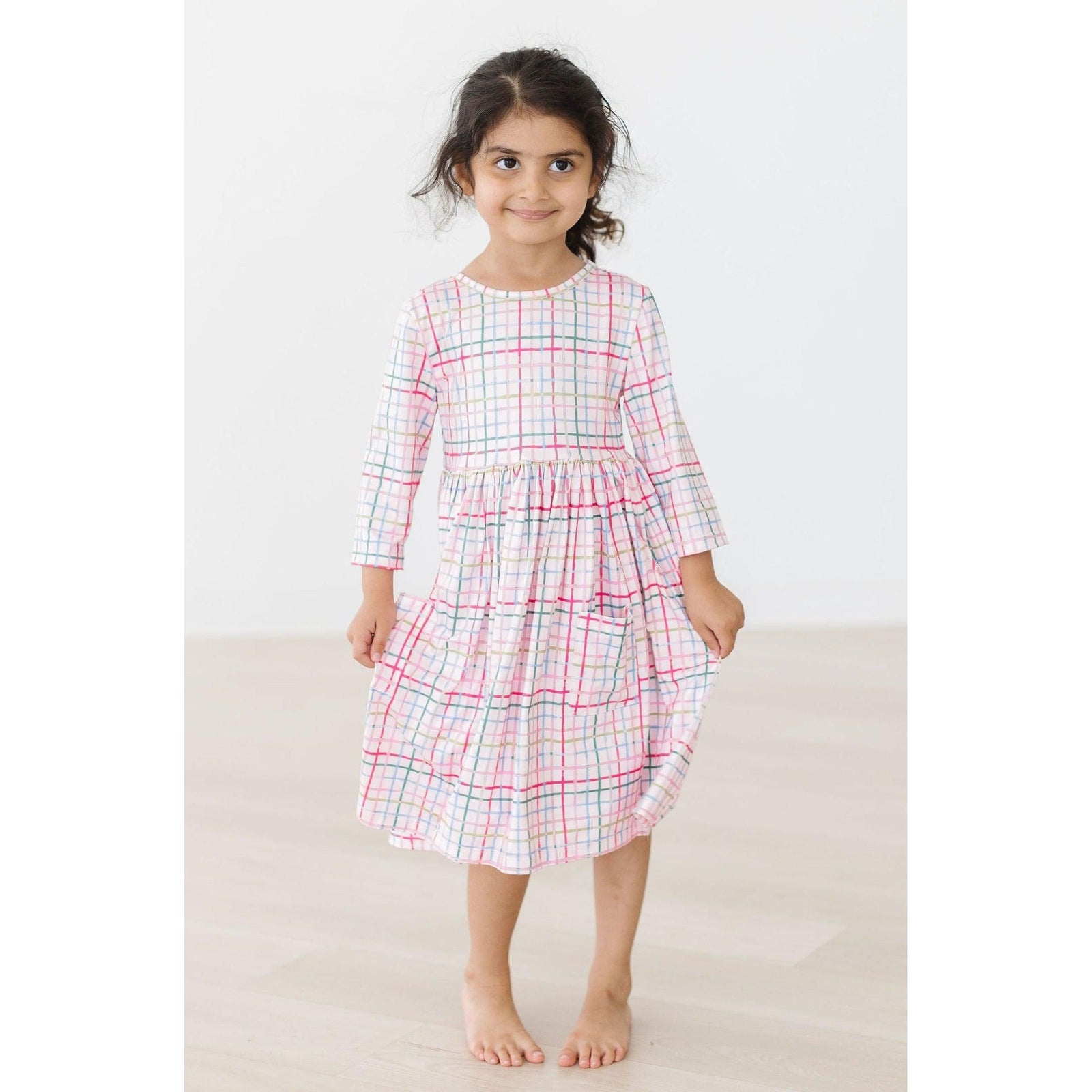 Pink Plaid 3/4 Sleeve Pocket Twirl Dress
