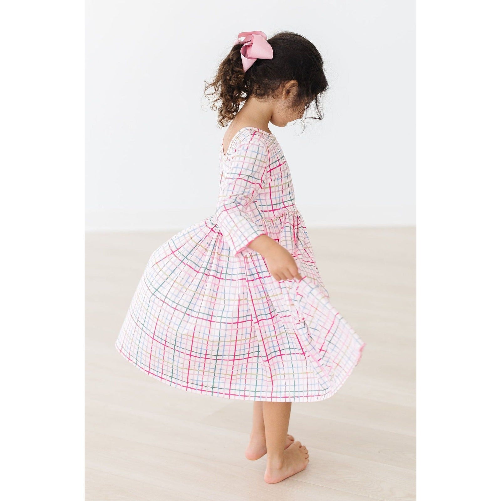 Pink Plaid 3/4 Sleeve Pocket Twirl Dress