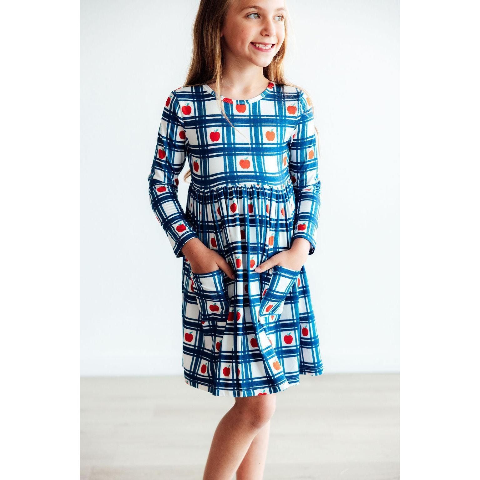Plaid Apples L/S Pocket Twirl Dress