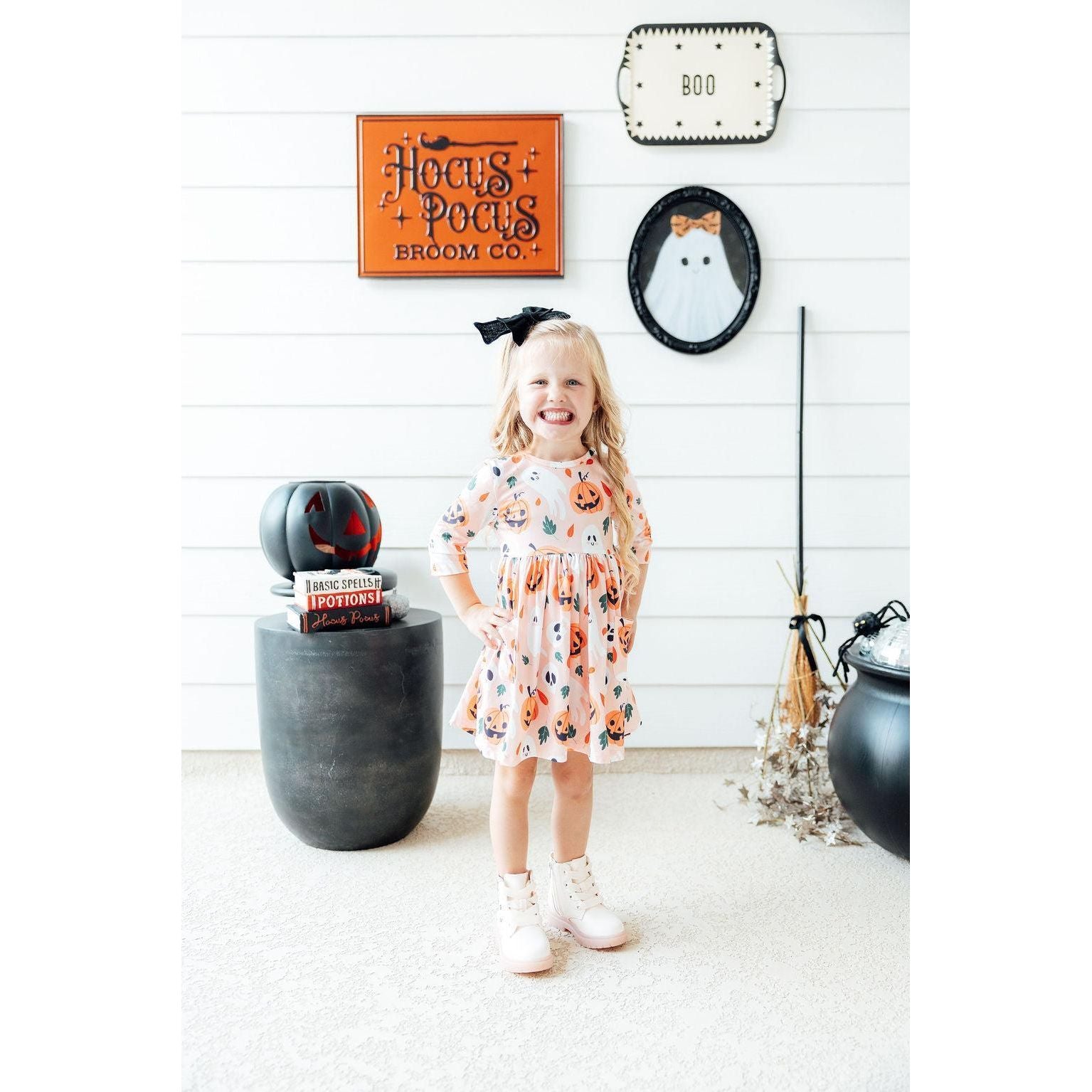 Pumpkin Peekaboo 3/4 Sleeve Pocket Twirl Dress