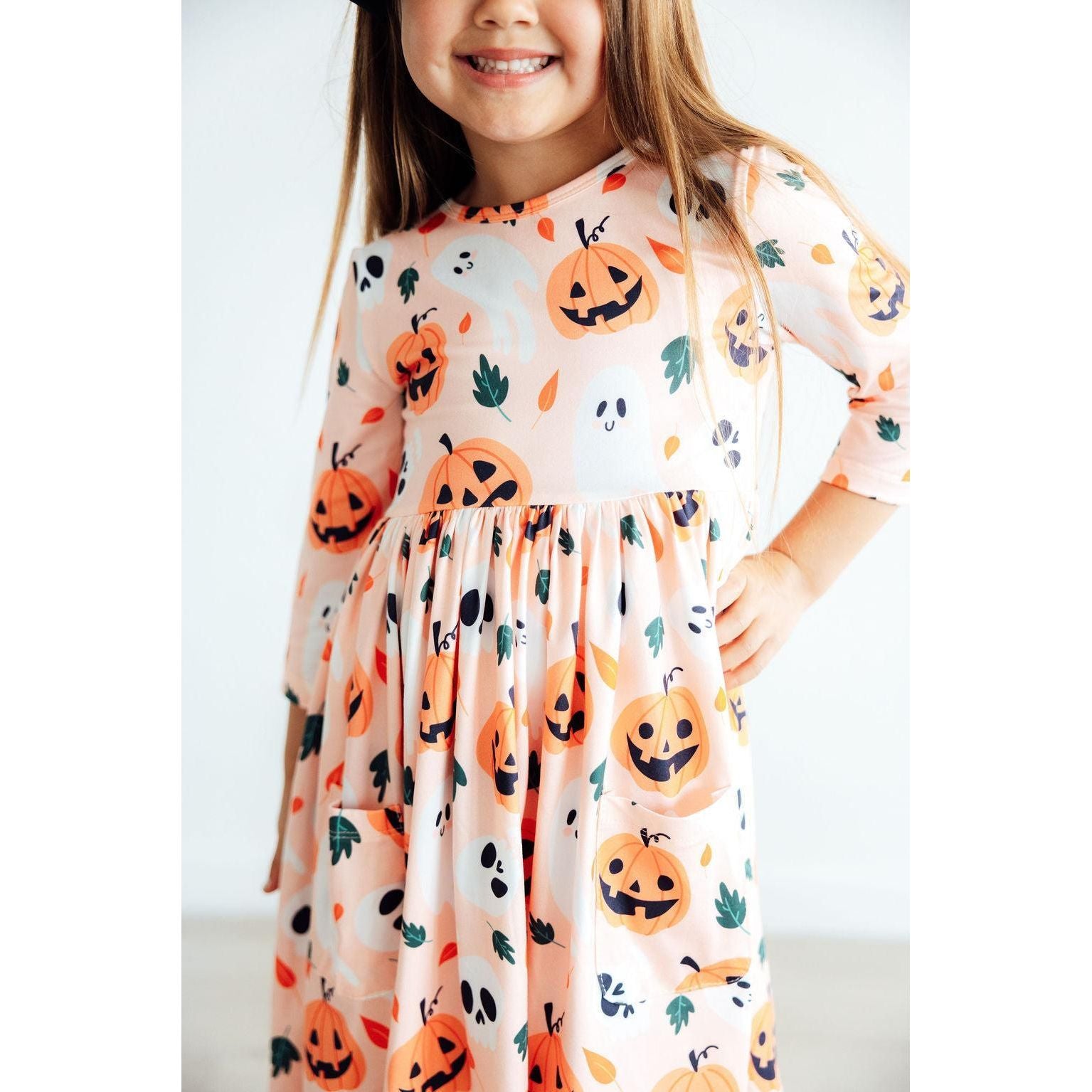 Pumpkin Peekaboo 3/4 Sleeve Pocket Twirl Dress