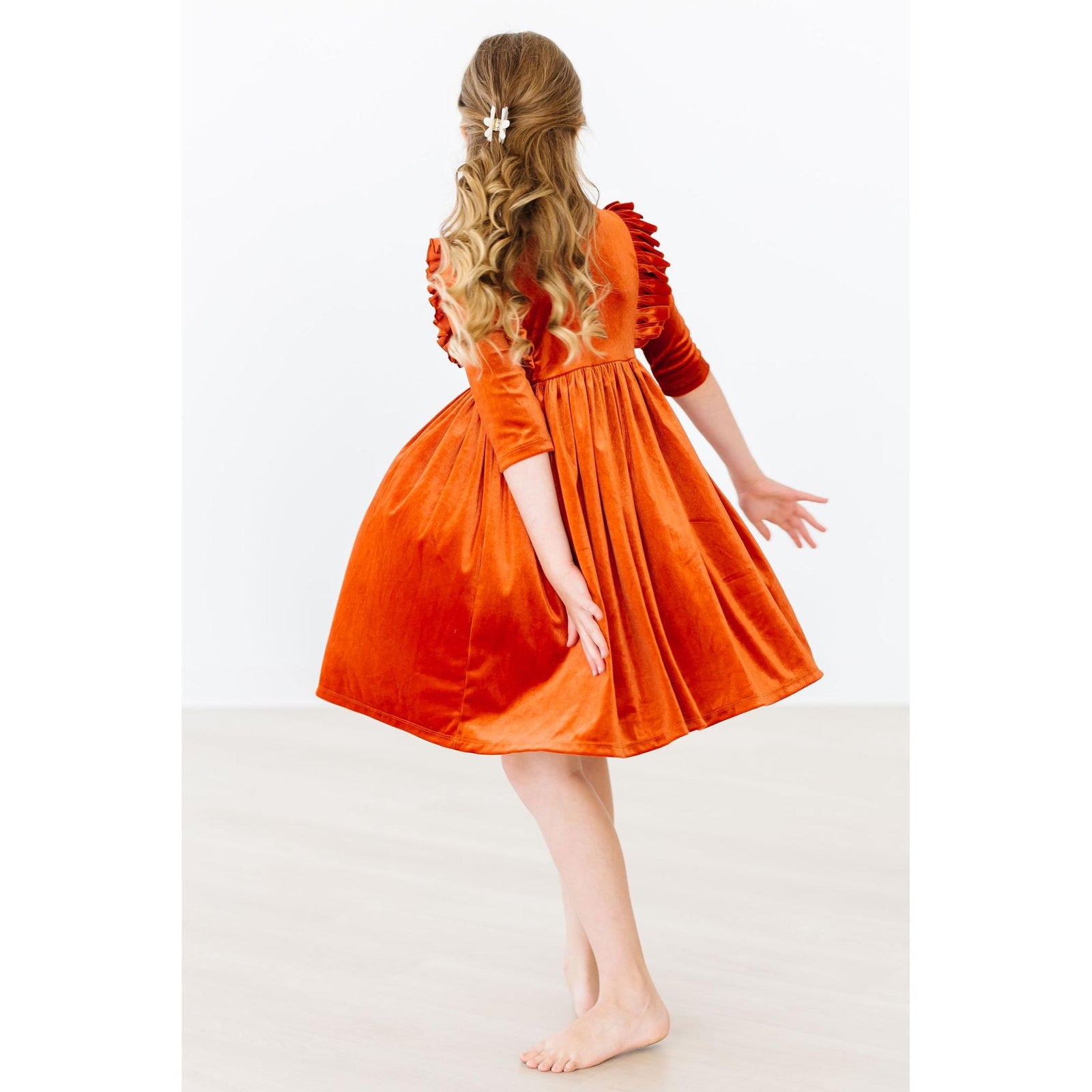 Pumpkin Spice Velvet Ruffle Twirl Dress
