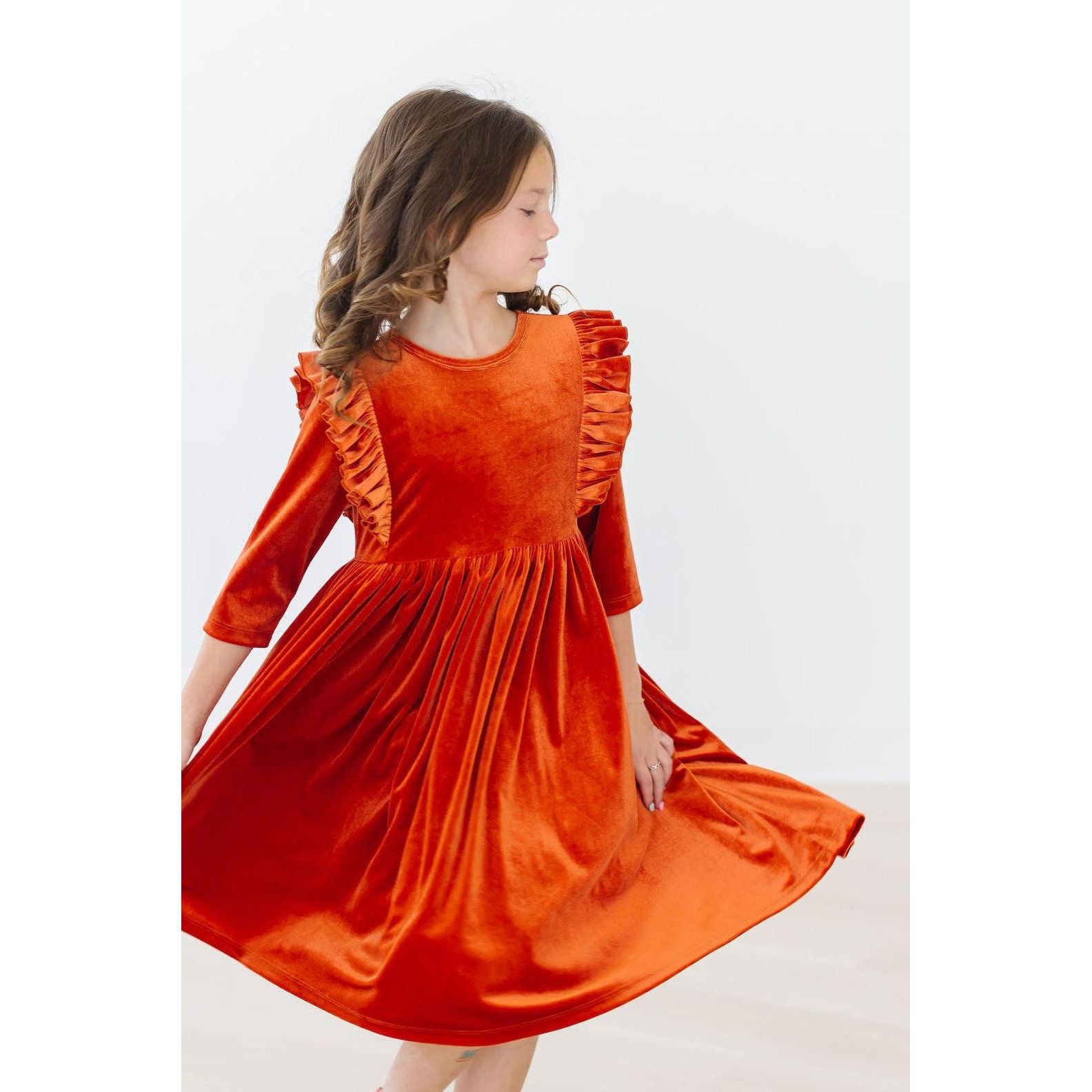 Pumpkin Spice Velvet Ruffle Twirl Dress