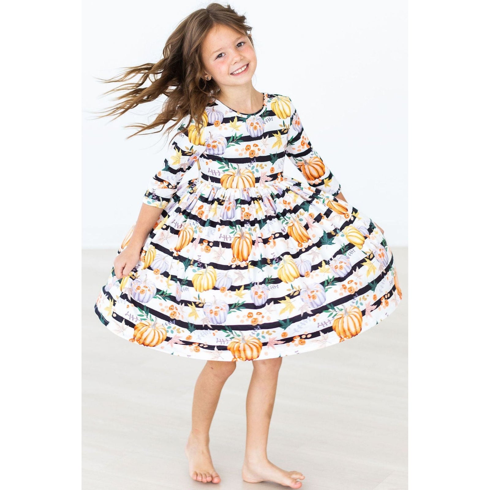 Pumpkins & Peonies 3/4 Sleeve Pocket Twirl Dress