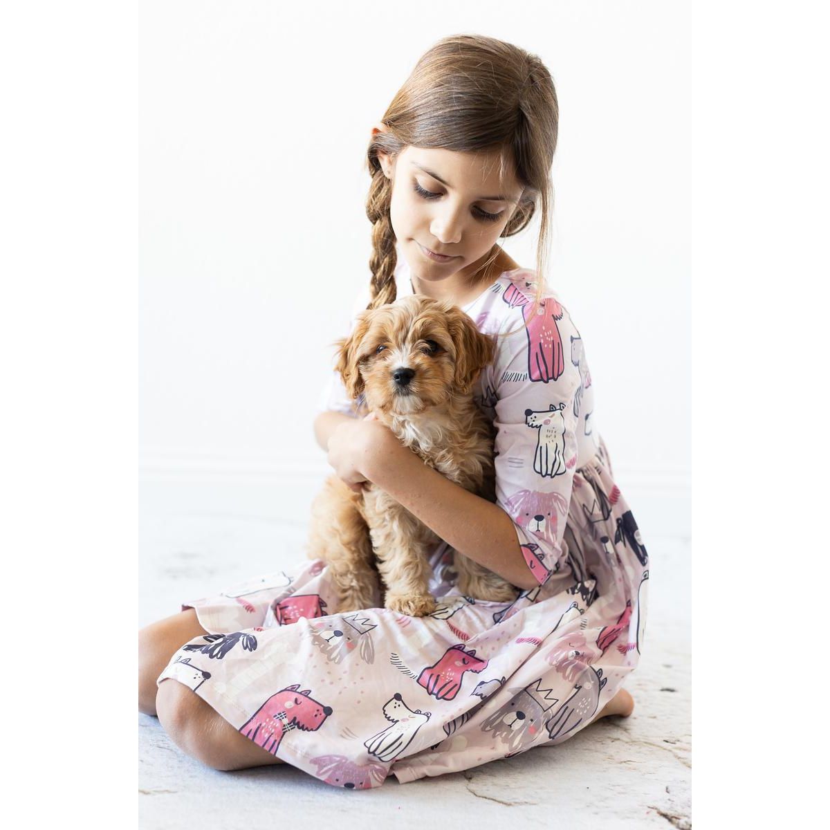 Puppy Party 3/4 Sleeve Pocket Twirl Dress