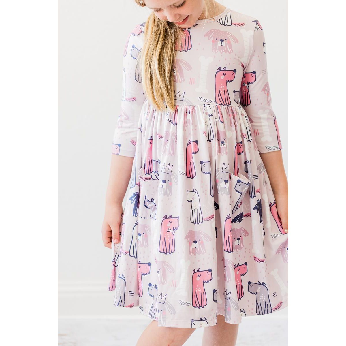 Puppy Party 3/4 Sleeve Pocket Twirl Dress