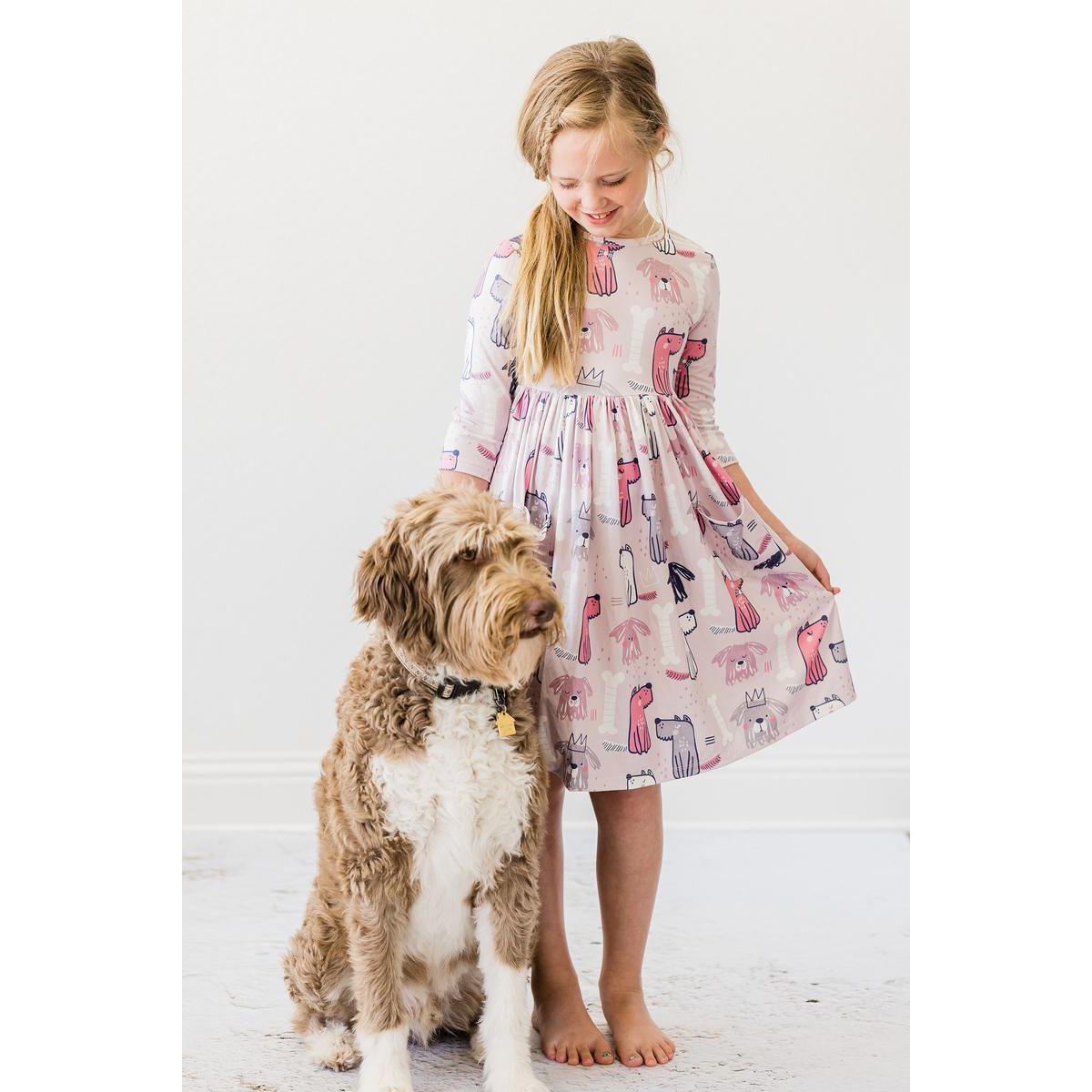 Puppy Party 3/4 Sleeve Pocket Twirl Dress