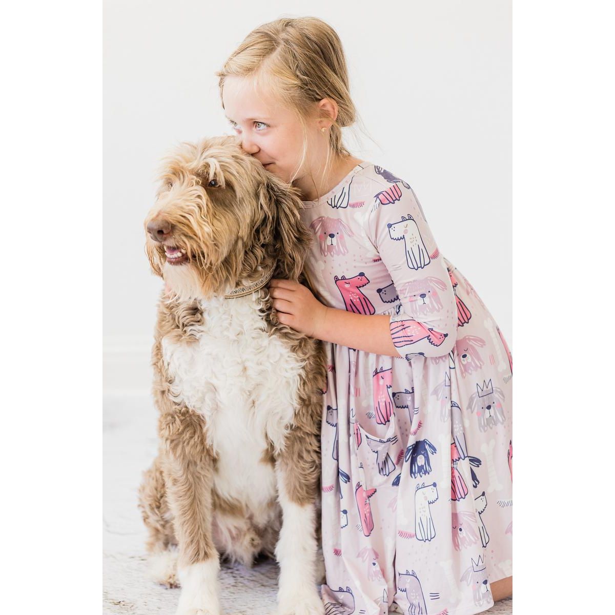 Puppy Party 3/4 Sleeve Pocket Twirl Dress