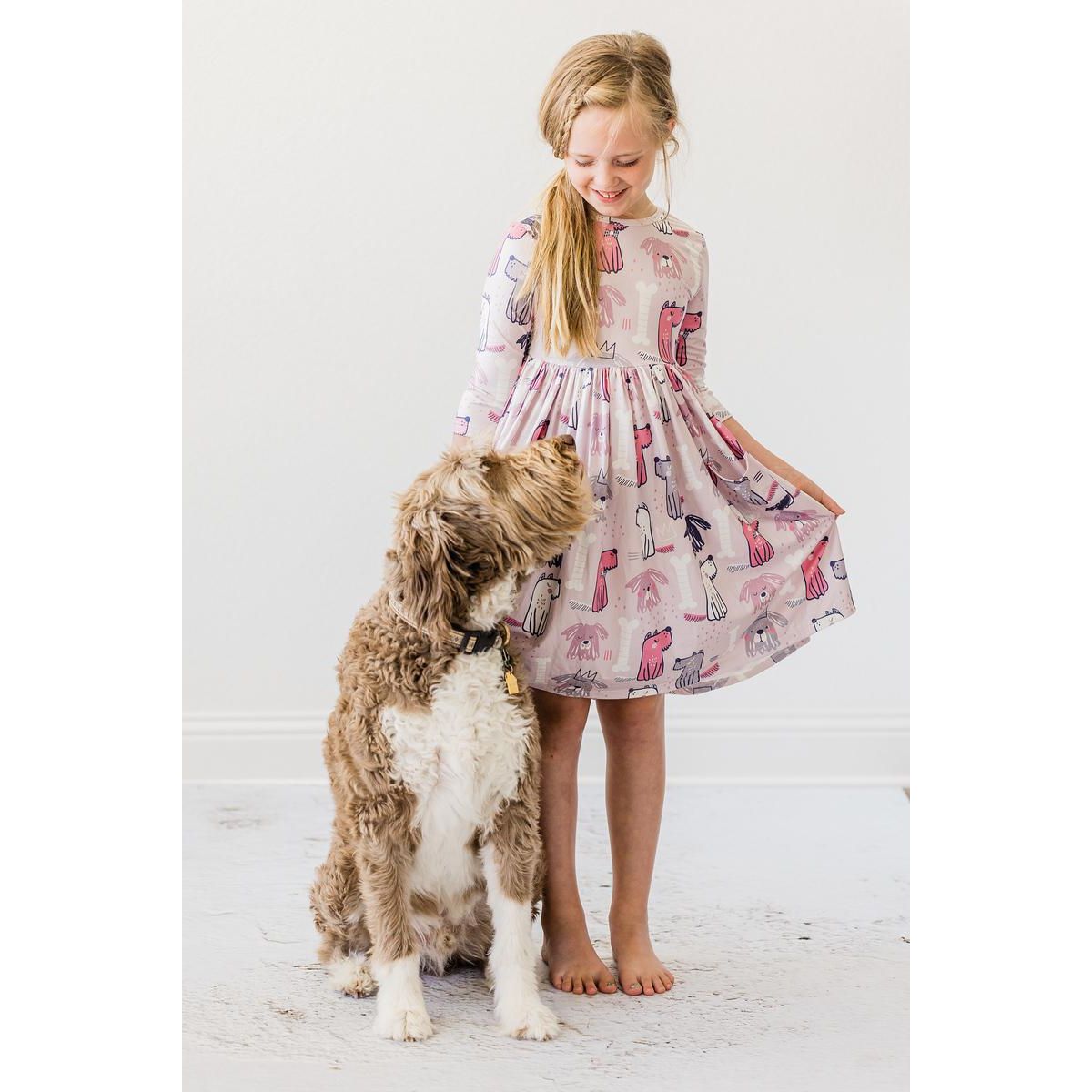 Puppy Party 3/4 Sleeve Pocket Twirl Dress