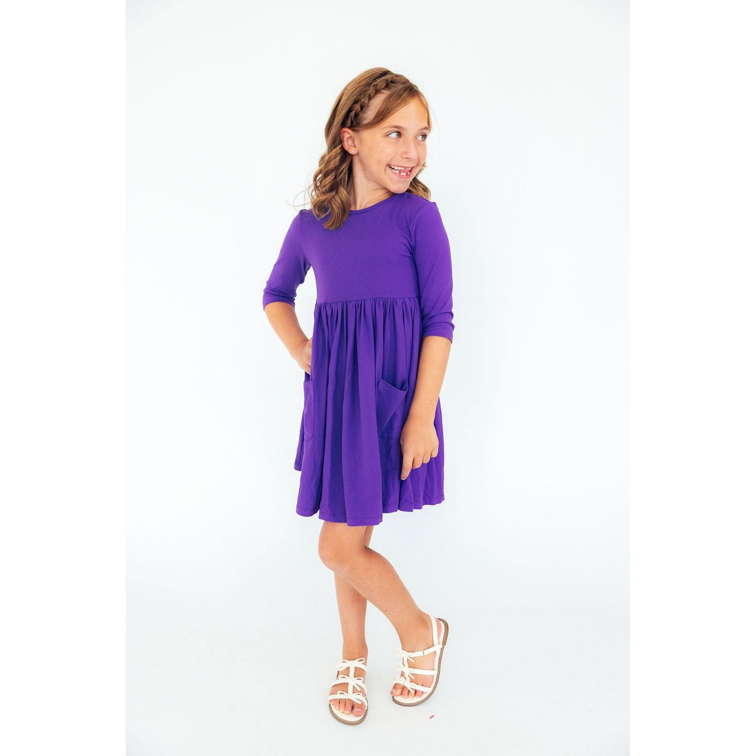 Purple 3/4 Sleeve Pocket Twirl Dress
