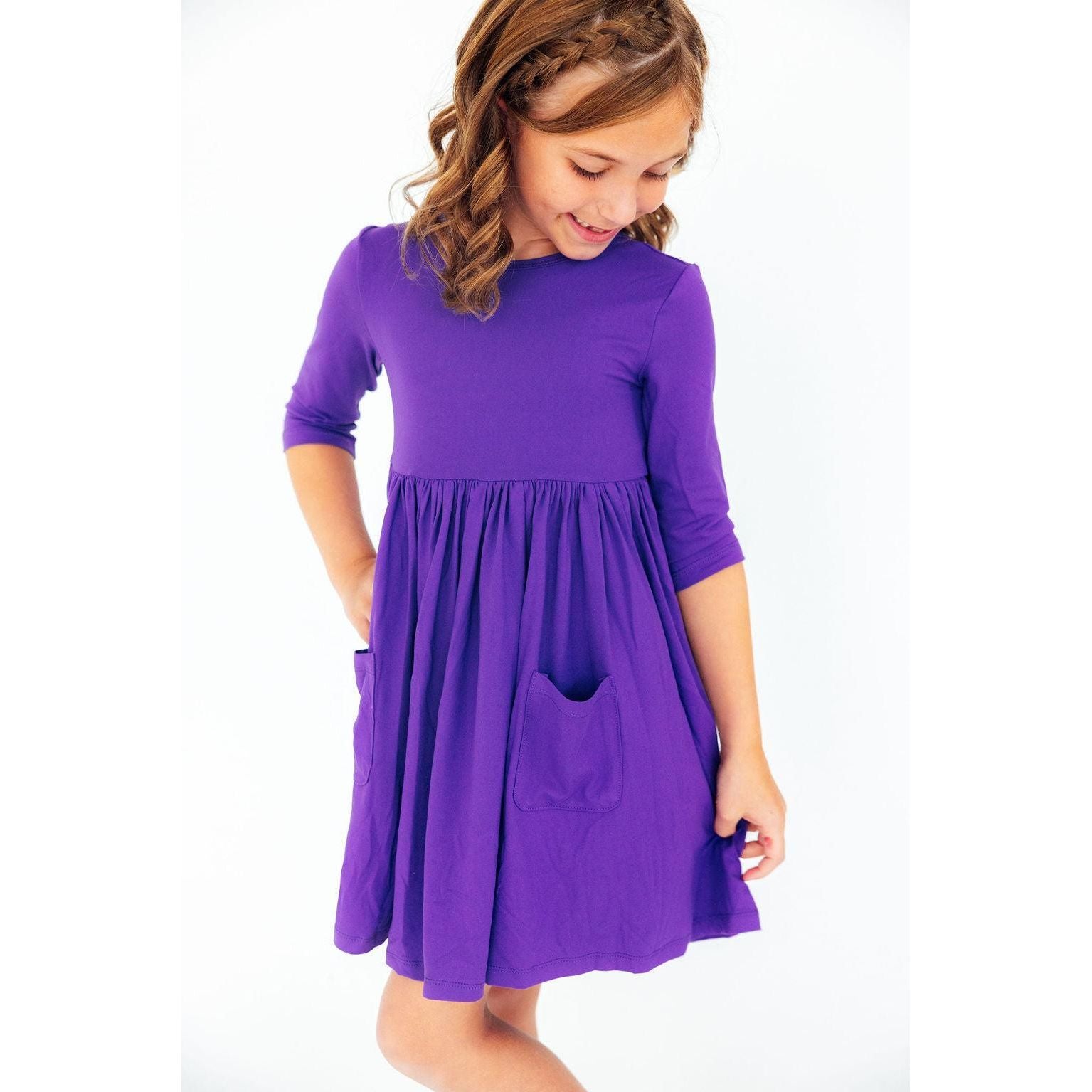 Purple 3/4 Sleeve Pocket Twirl Dress