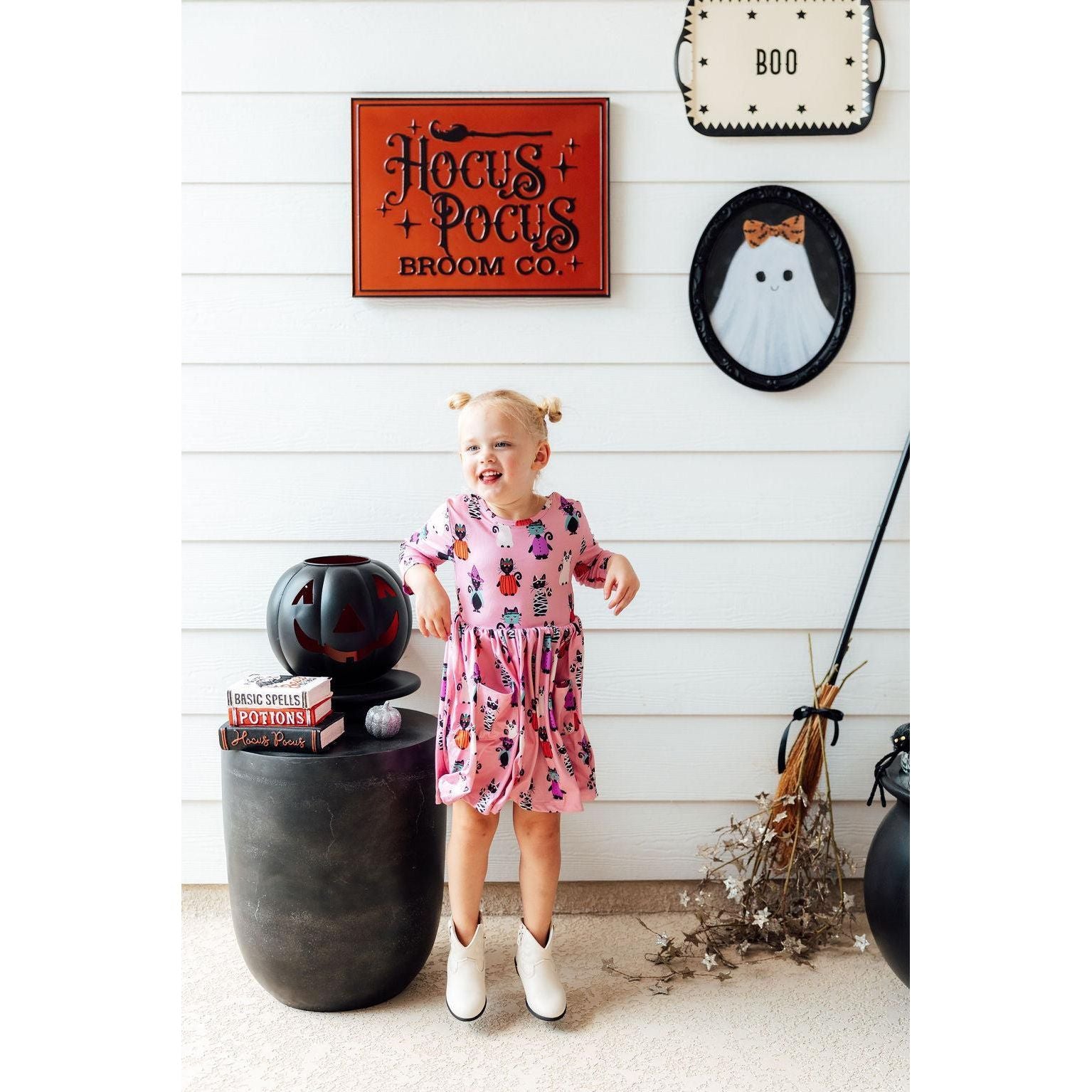 Purr-fectly Spooky 3/4 Sleeve Pocket Twirl Dress