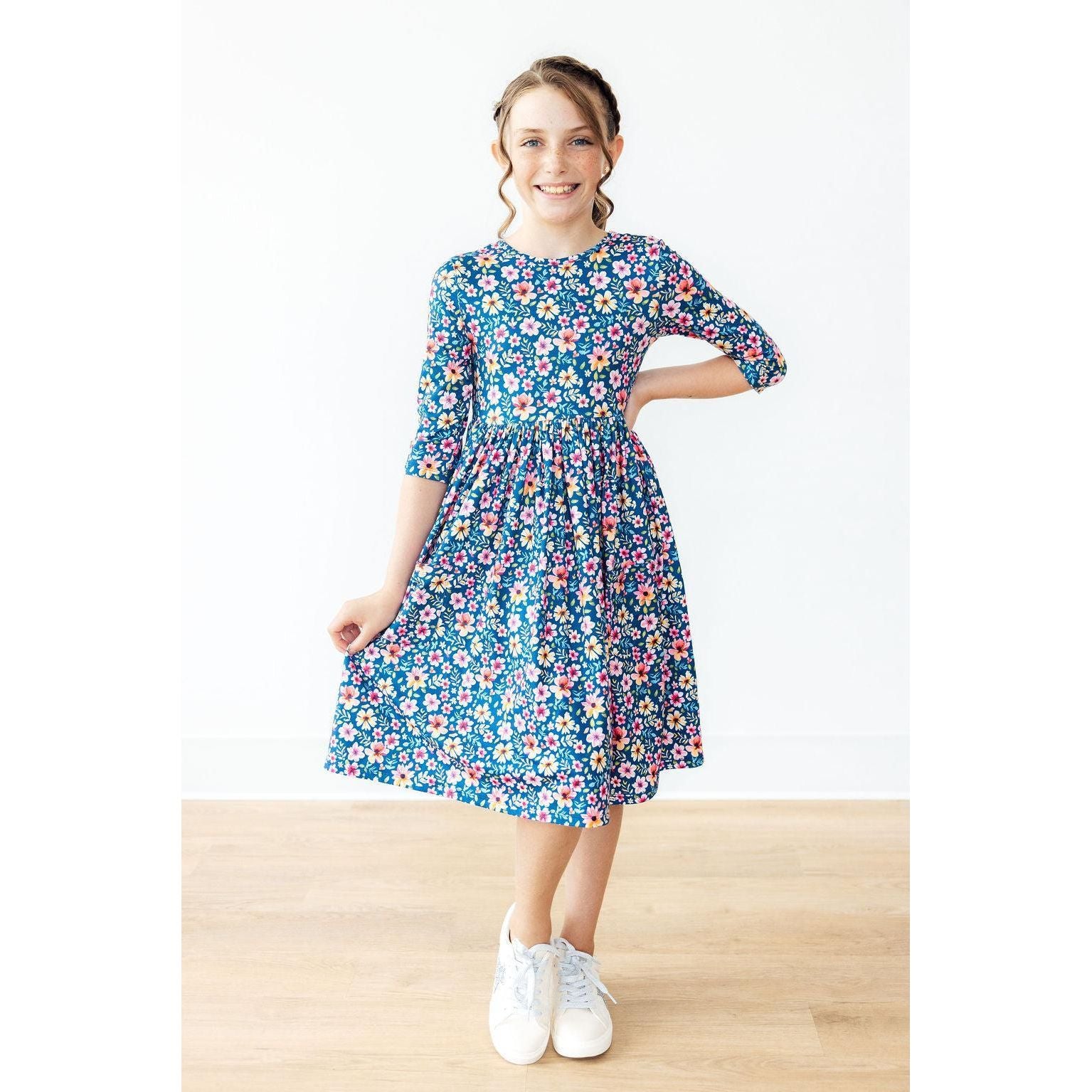Rainforest Blooms 3/4 Sleeve Pocket Twirl Dress