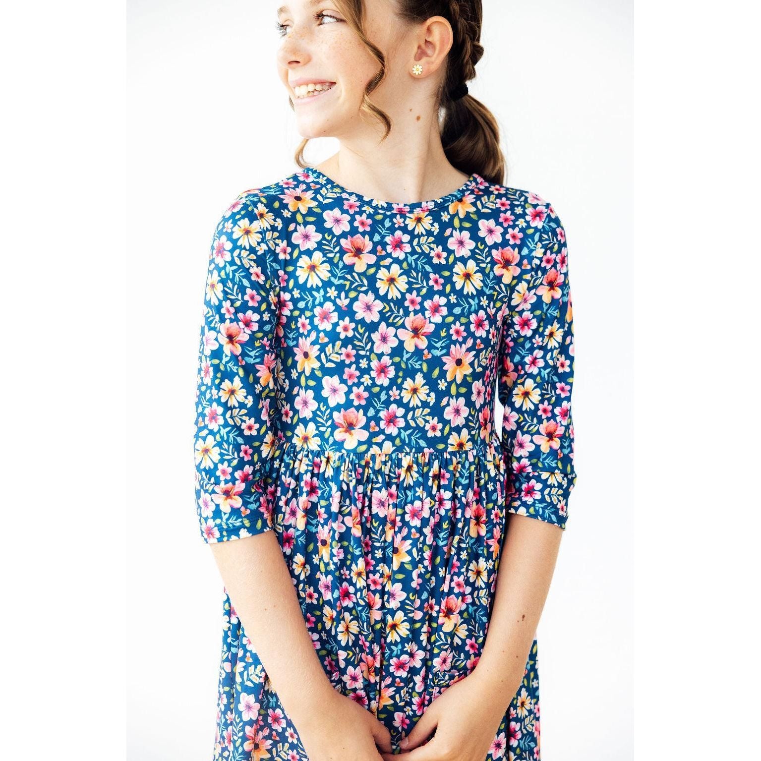 Rainforest Blooms 3/4 Sleeve Pocket Twirl Dress